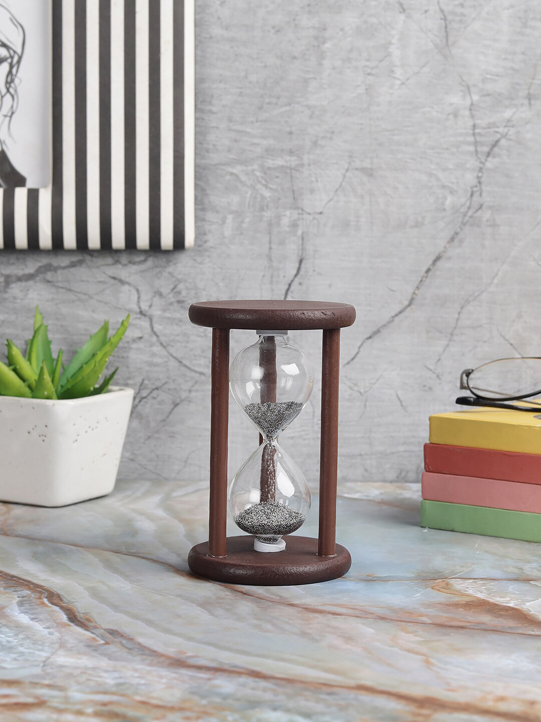 EXIM DECOR Silver-Toned & Brown Wood Silver Beeds Timer Showpiece