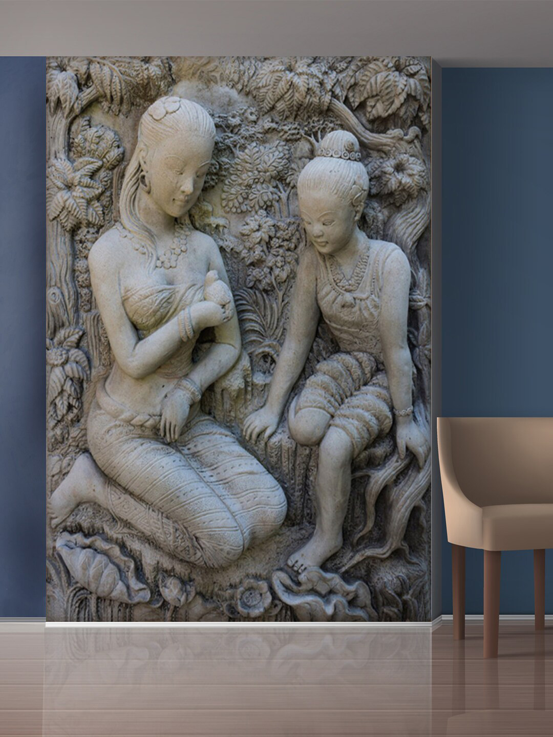 999Store Grey Trees & Sitting Ladys Self-Adhesive Mural Wallpaper