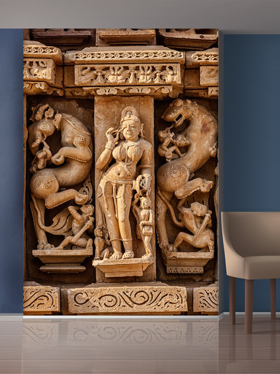 999Store Brown & Biege Lions and Standing Lady Self-Adhesive Mural Wallpaper