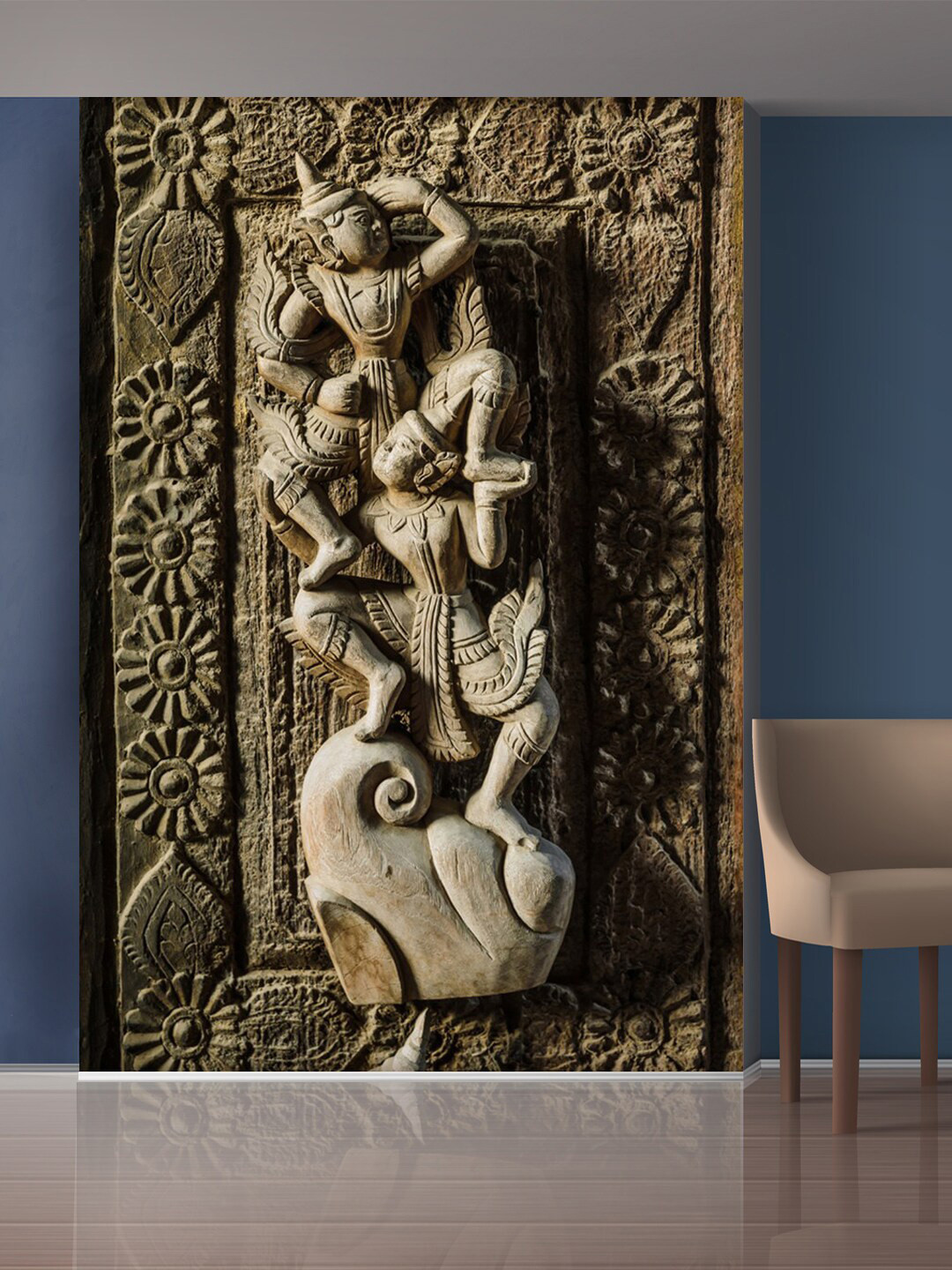 999Store Brown & Gold-Toned Flowers & Dancing Lady Mural Wallpaper