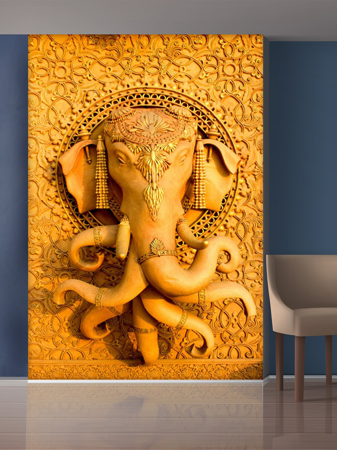 999Store Gold-Toned Elephant Head Mural Wallpaper
