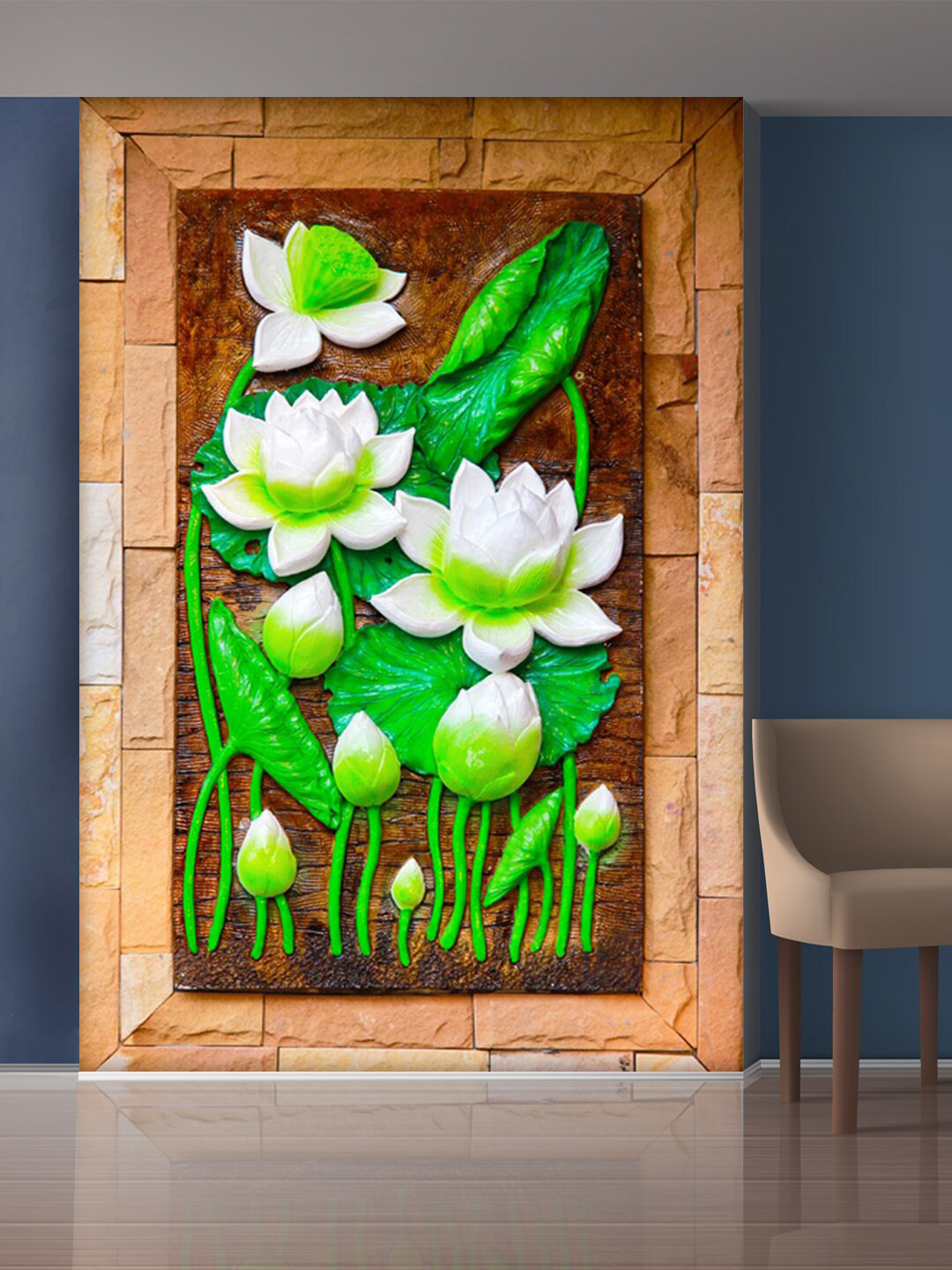 999Store White & Green Flowers & Leaves Mural Wallpaper