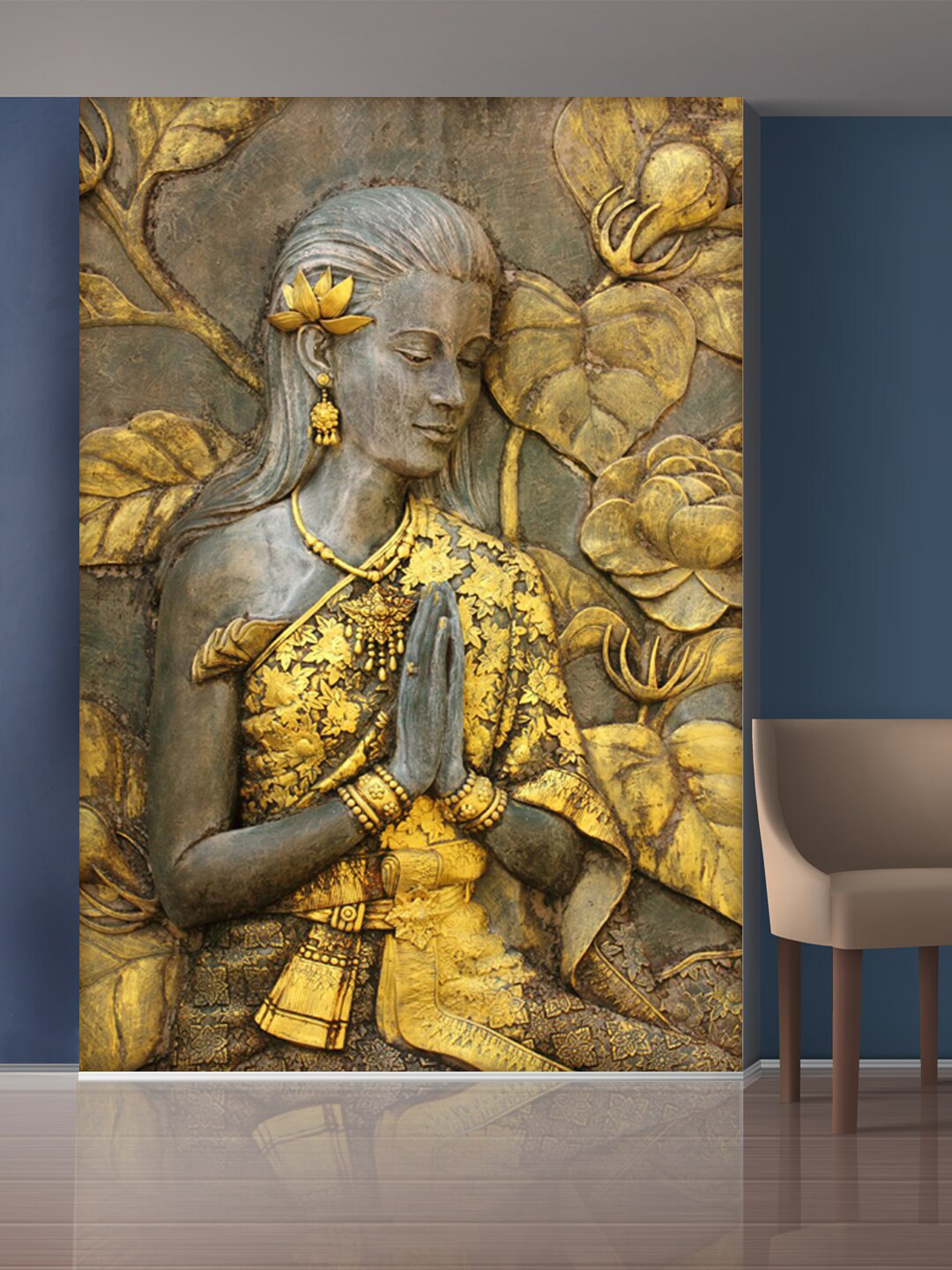 999Store Gold-Toned Flowers & Praying Hands Sitting Lady Mural Wallpaper