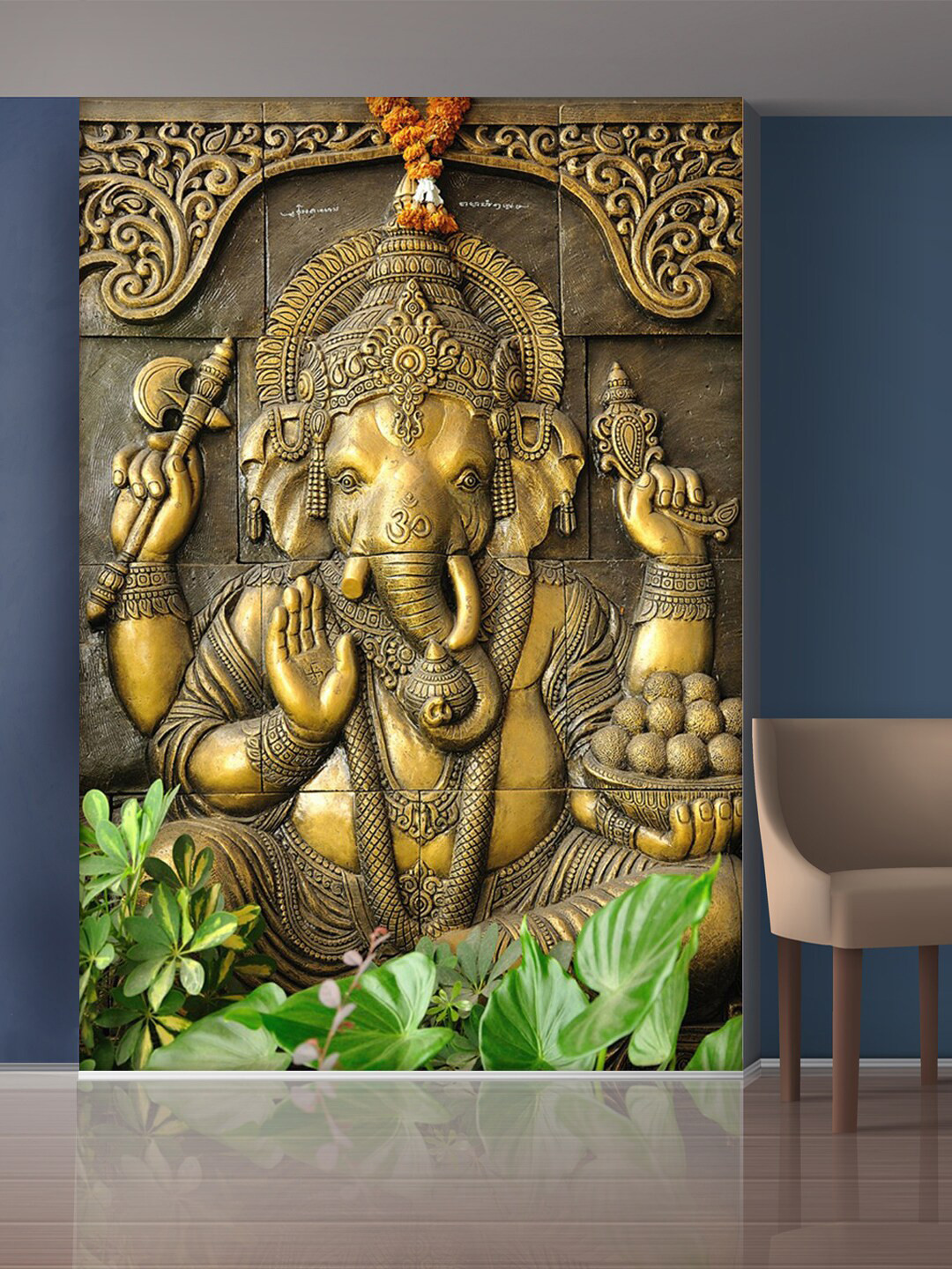 999Store Gold-Toned Lord Ganesha Mural Wallpaper