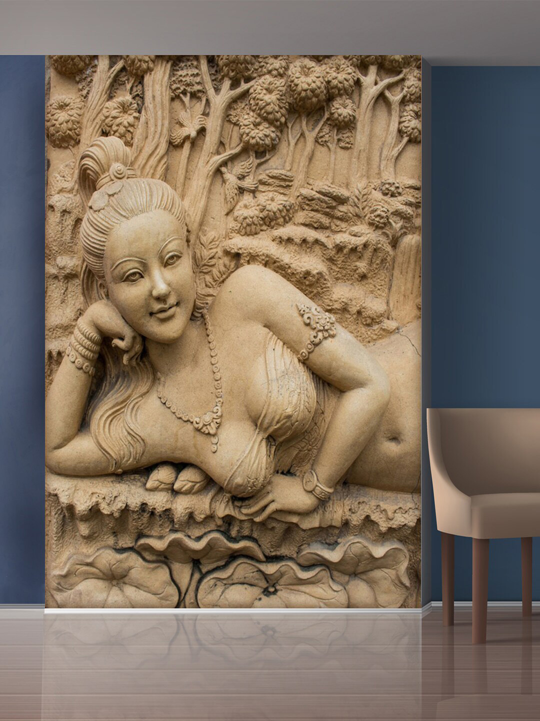 999Store Brown Flowers and Lady Statue Mural Self-Adhesive Wallpaper