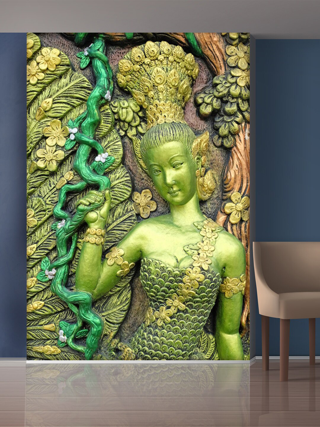 999Store Green & Gold-Toned Leaves & Lady Mural Wallpaper