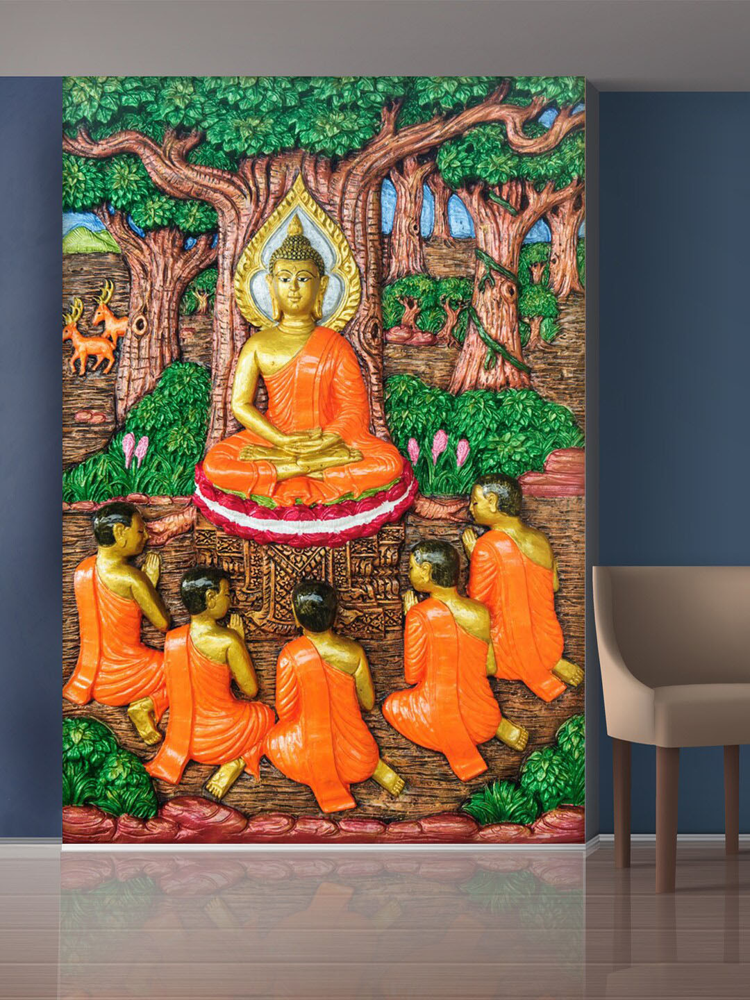 999Store Brown & Orange Meditating Buddha & Companions Mural Wallpaper