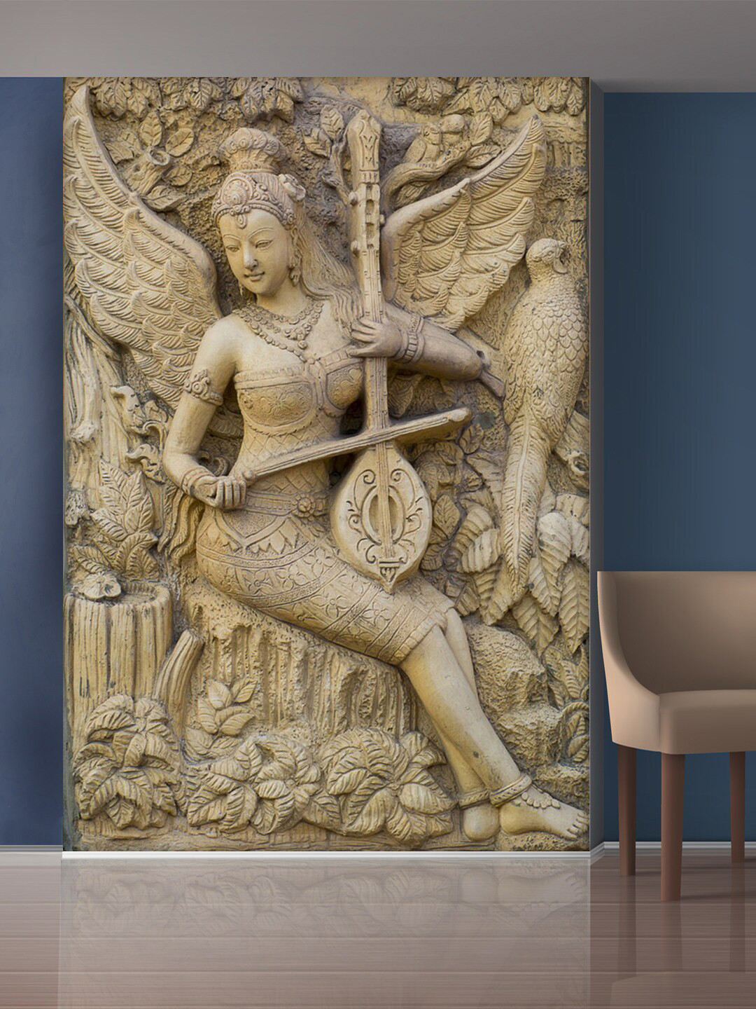 999Store Brown Bird & Sitting Angel Playing The Sitar Mural Wallpaper