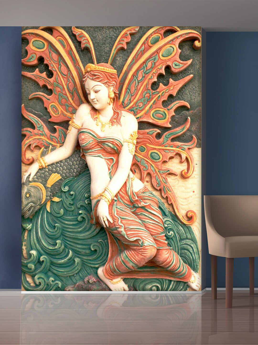 999Store Red & Green Angel Sitting On Fish Mural Self-Adhesive Wallpaper