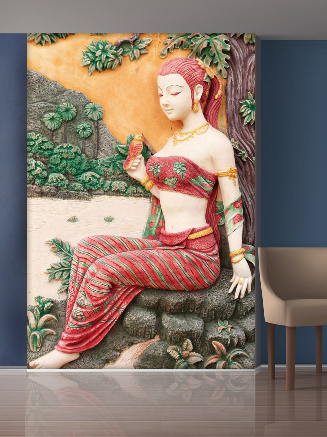 999Store Green & Red Trees & Sitting Lady Mural Wallpaper
