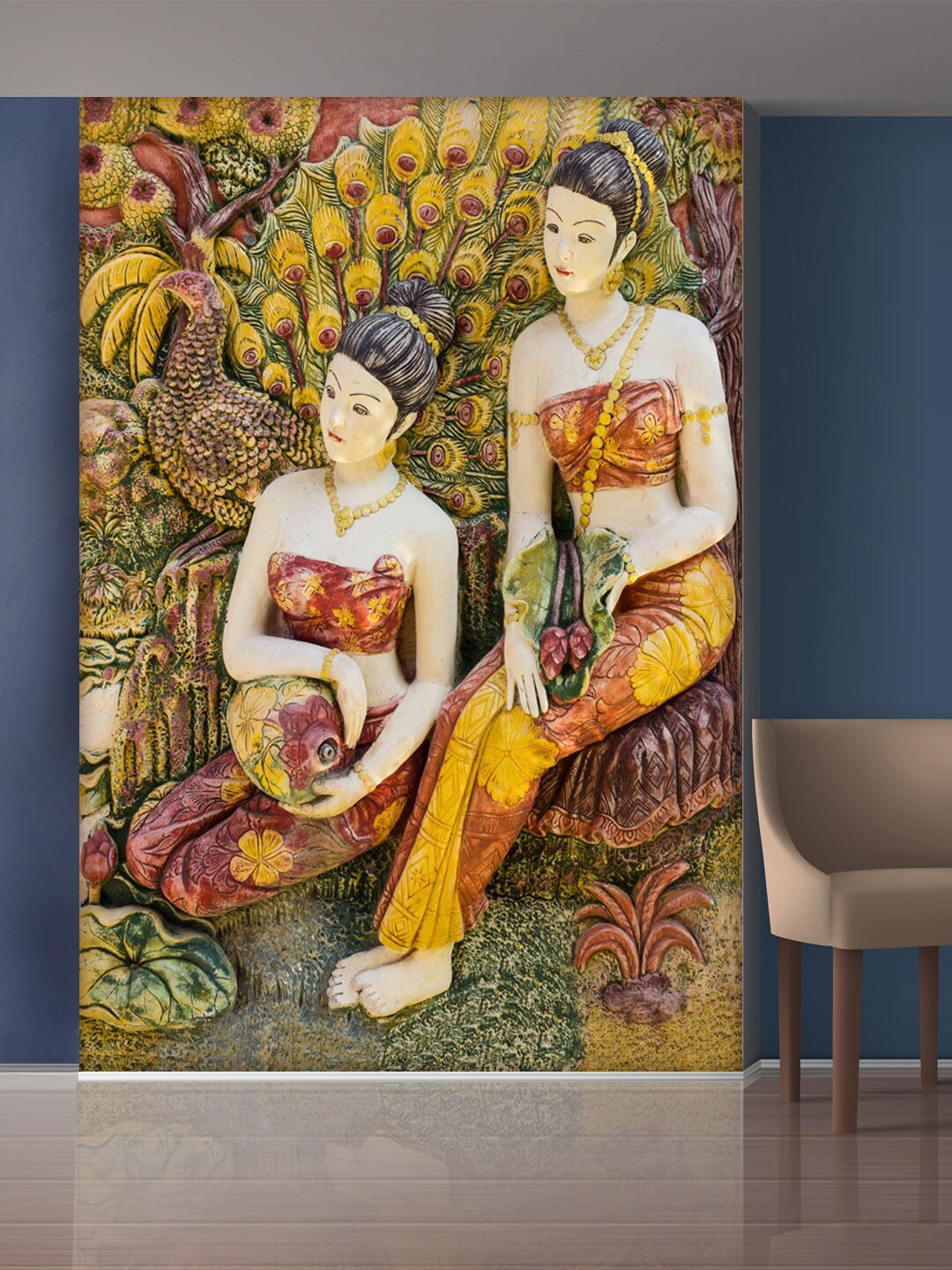 999Store Yellow & Green Peacock and Sitting Two Lady Mural Self-Adhesive Wallpaper