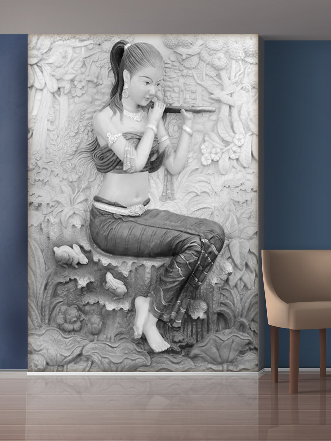 999Store White & Grey Beautiful Lady Palying Fluet Mural Wallpaper
