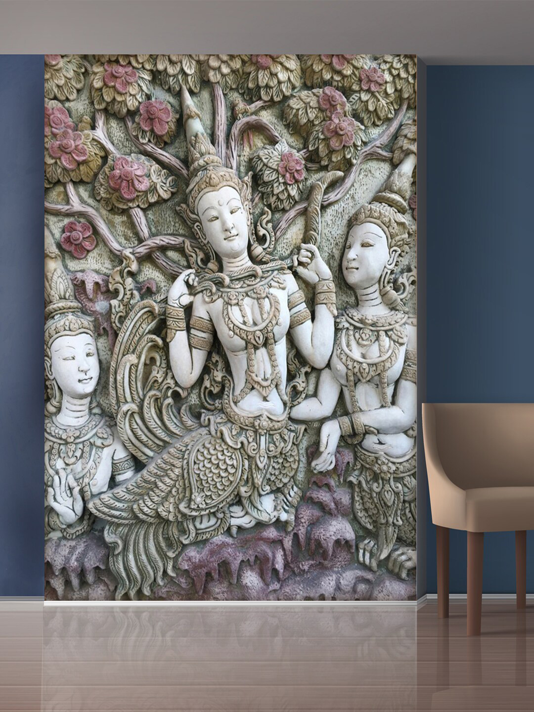 999Store White & Violet Flowers & Sitting Statue Mural Wallpaper