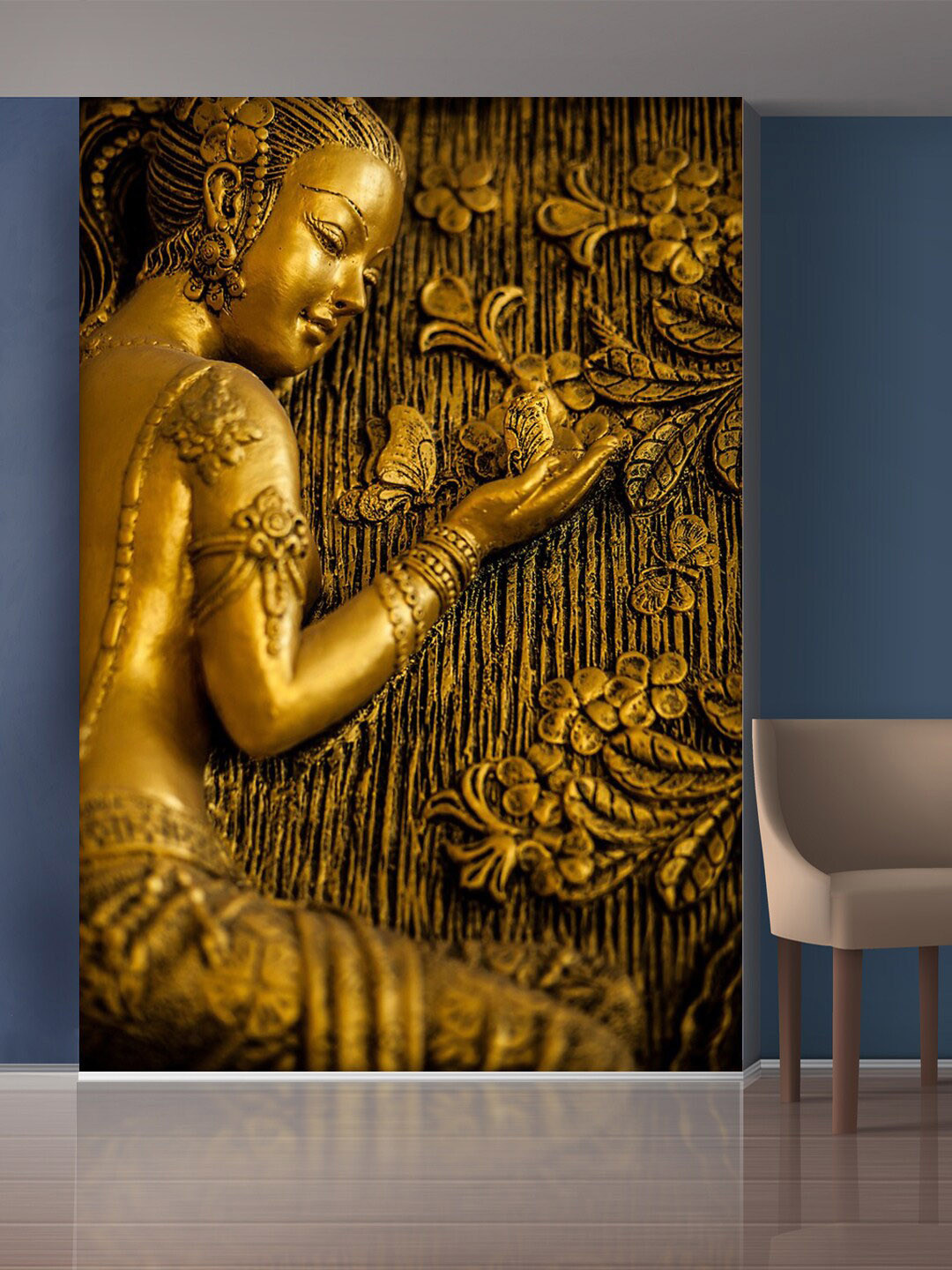 999Store Gold-Toned Roses & Flowers Mural Wallpaper