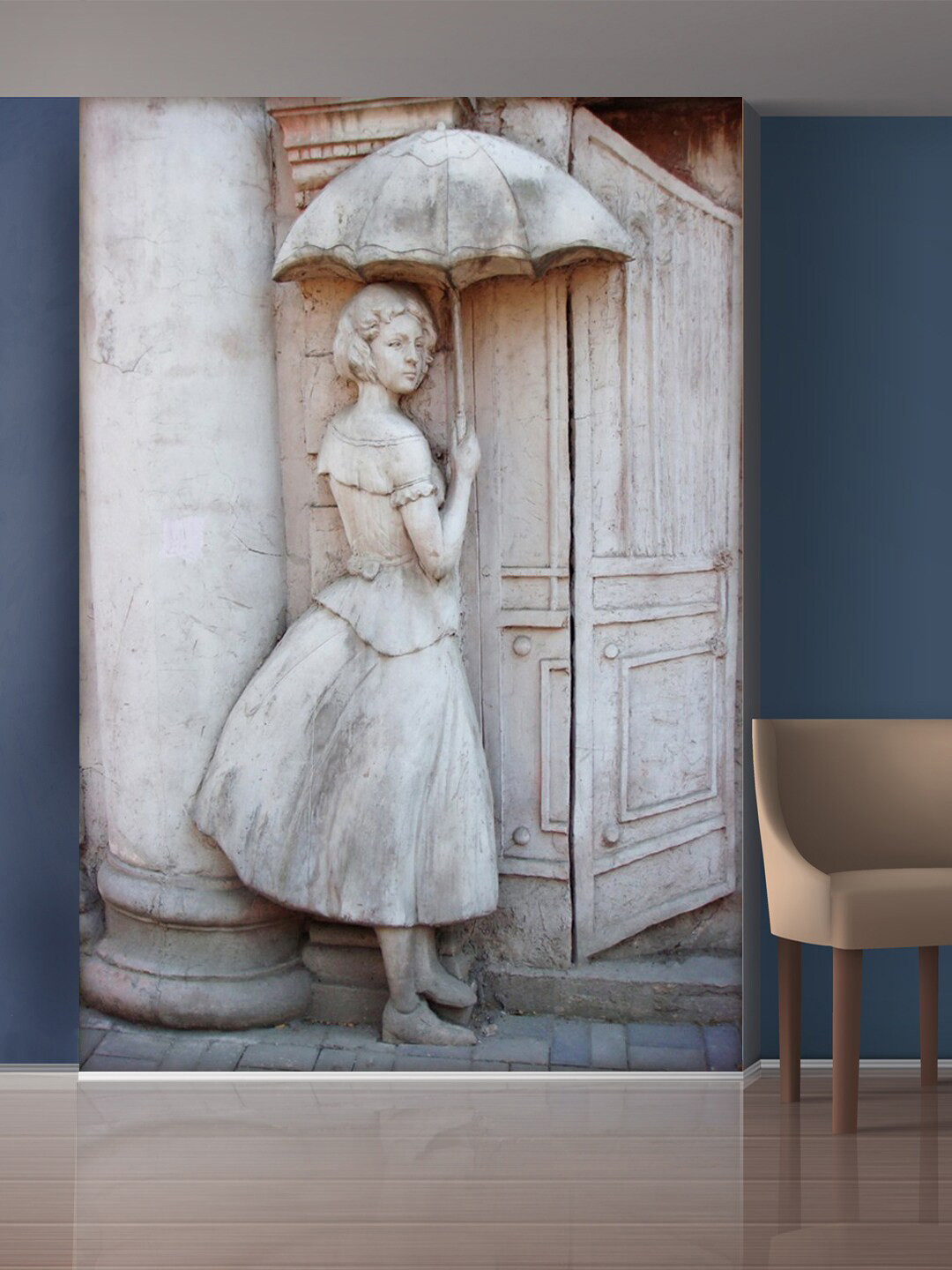 999Store White Standing Lady with Umbrella Mural Self-Adhesive Wallpaper