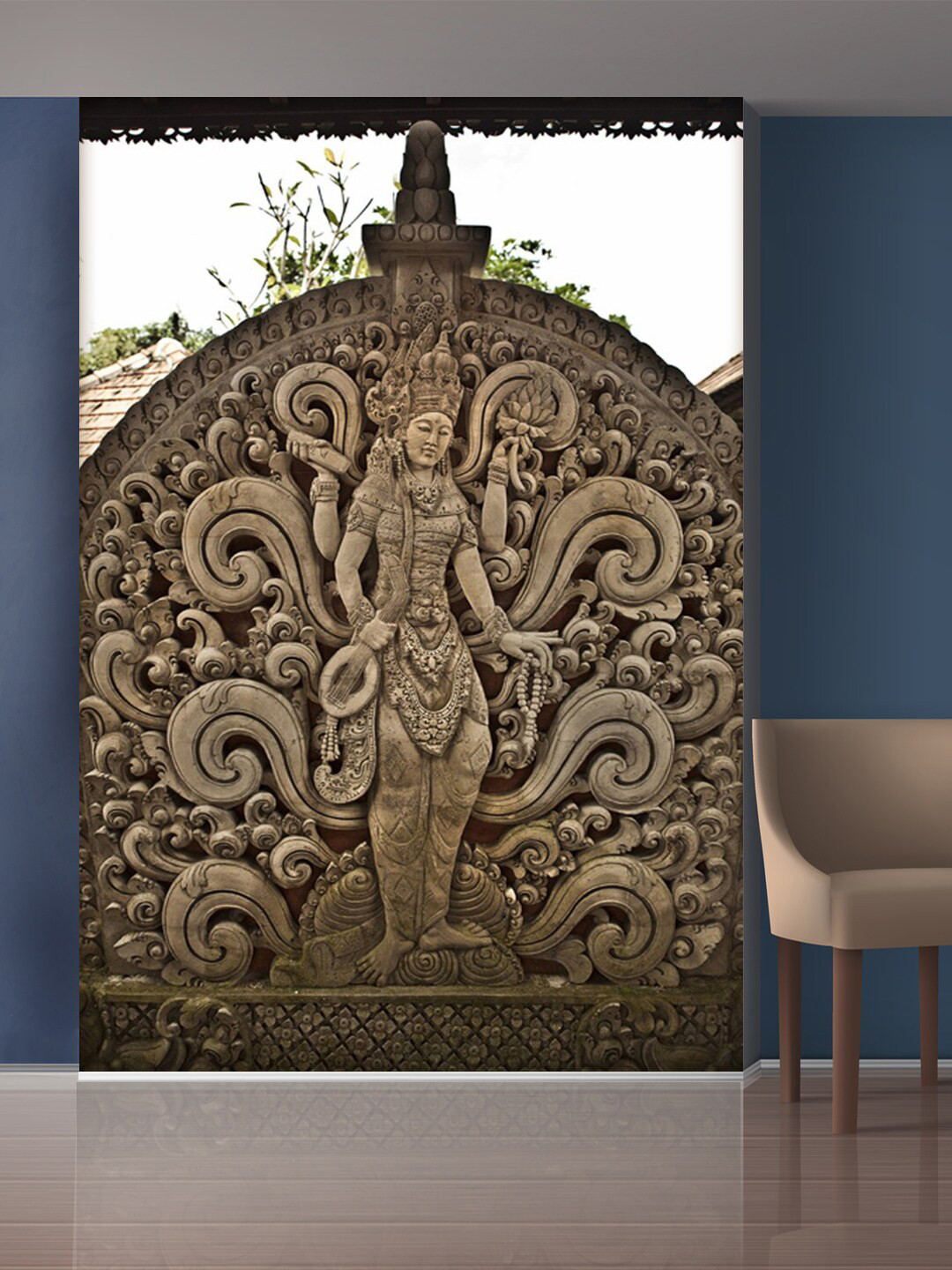 999Store Brown Flowers & Standing Lord with Multiple Hands Mural Wallpaper