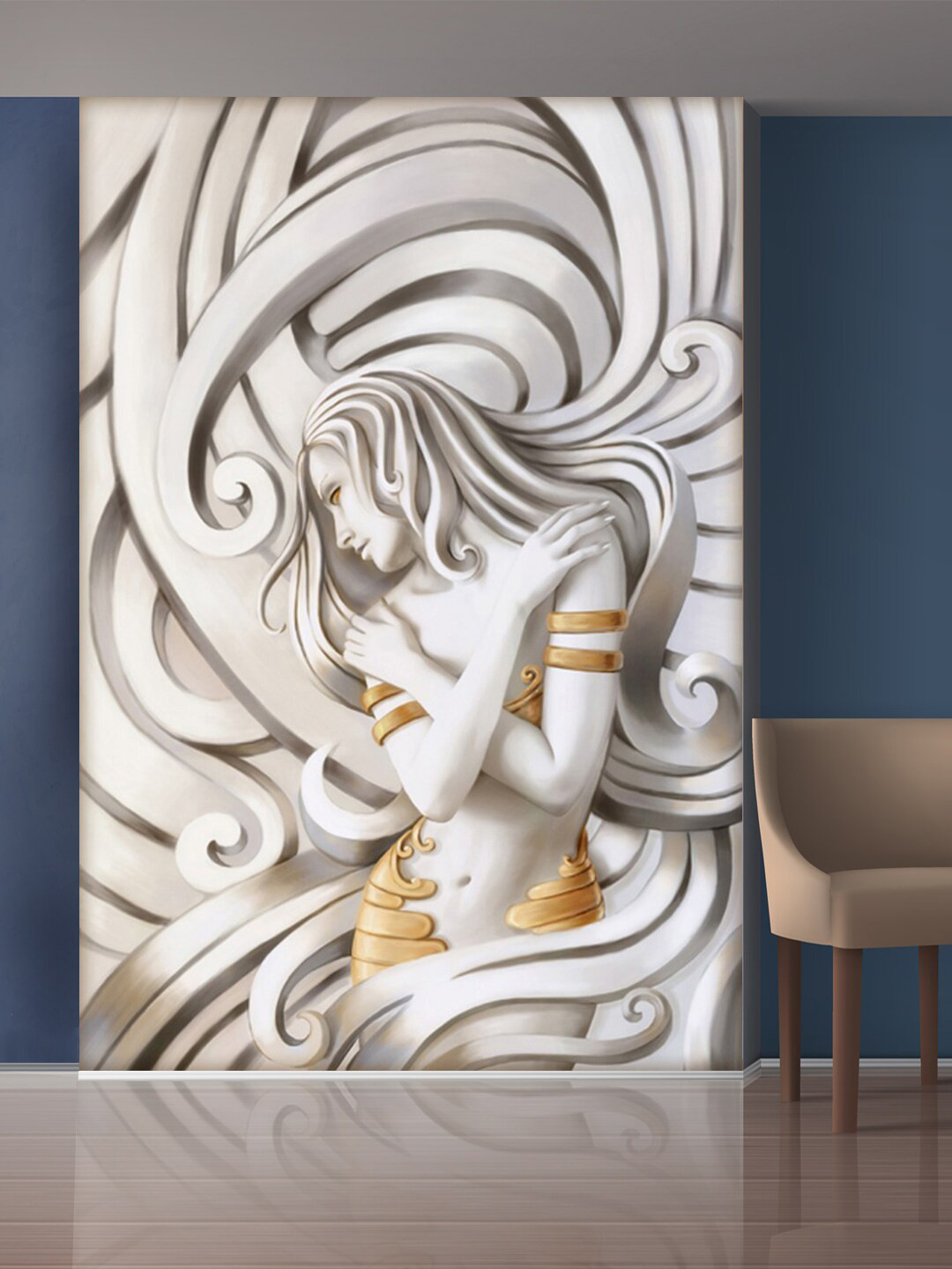 999Store White Abstract Lady with Golden Dress Mural Wallpaper