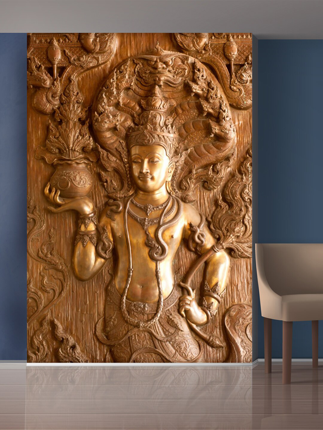 999Store Gold-Coloured Flowers & Lord Statue Mural Wallpaper