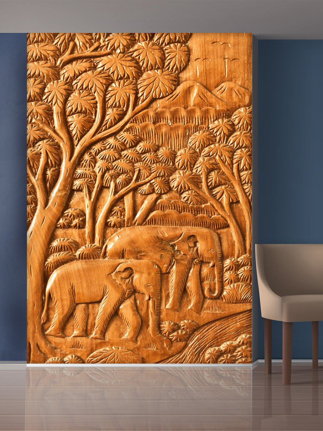999Store Gold-Toned Trees & Elephant Mural Wallpaper