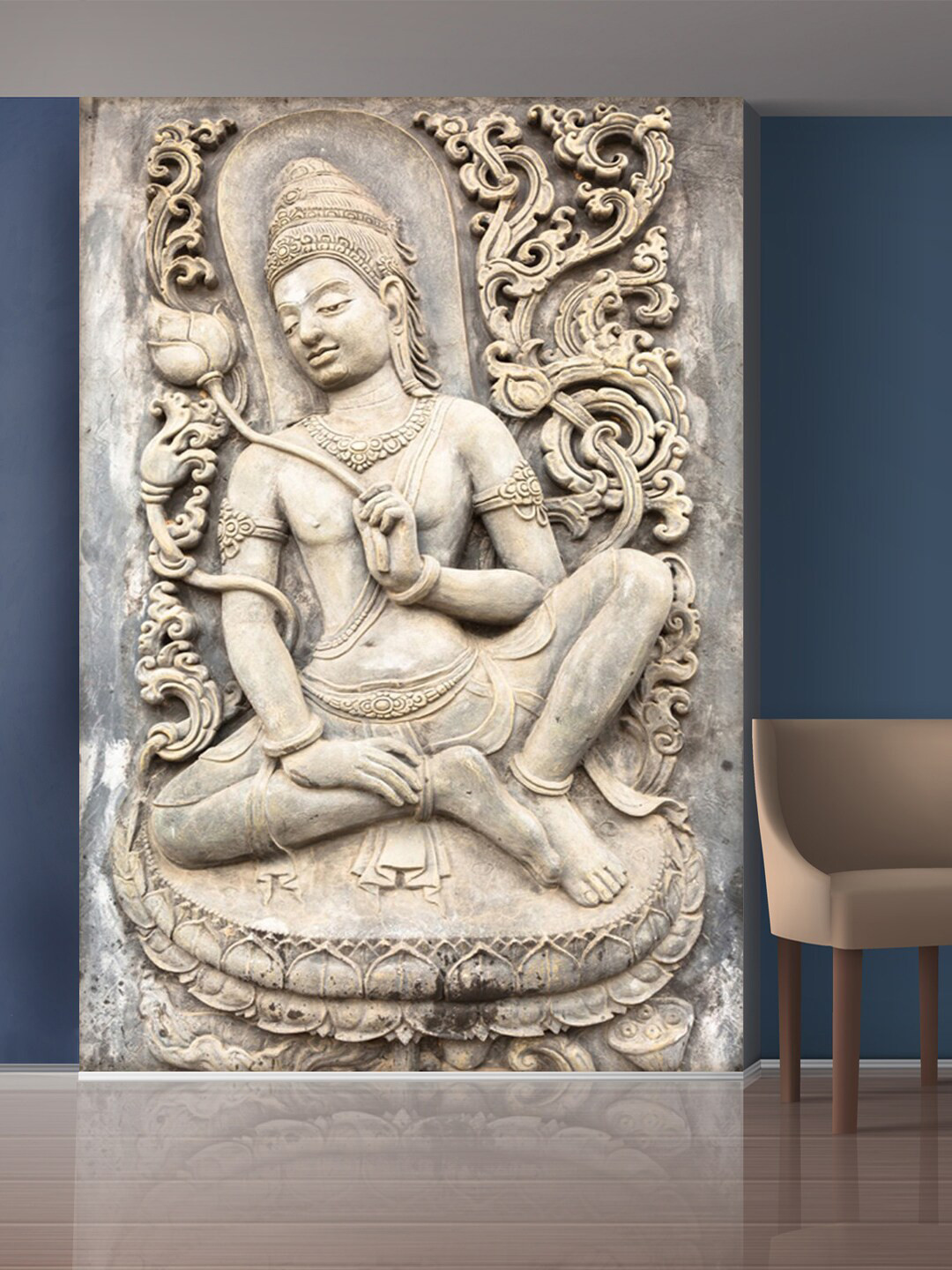 999Store White Flowers and Man Statue Self-Adhesive Mural Wallpaper