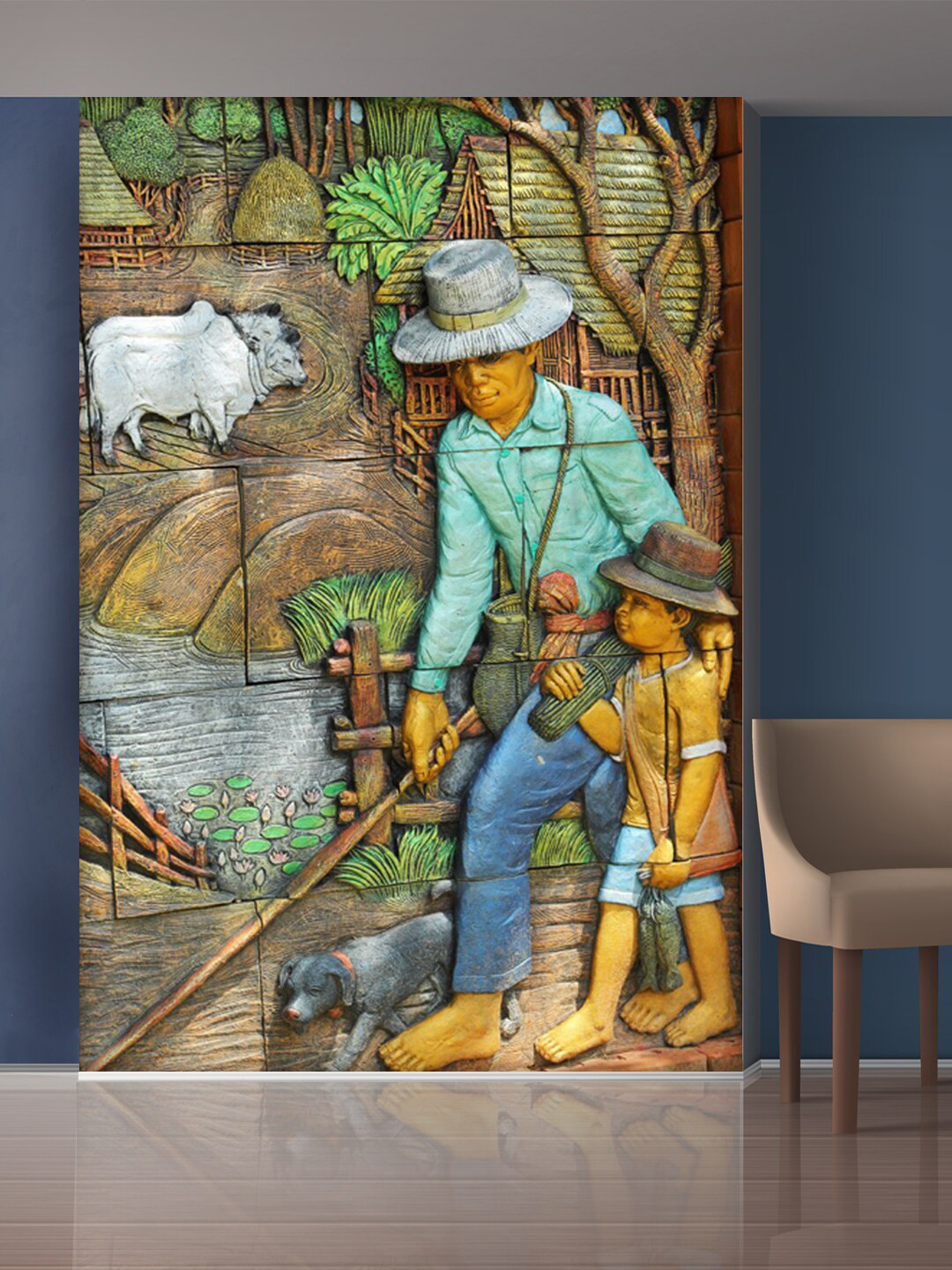 999Store Green & Brown Village & Humans Mural Wallpaper