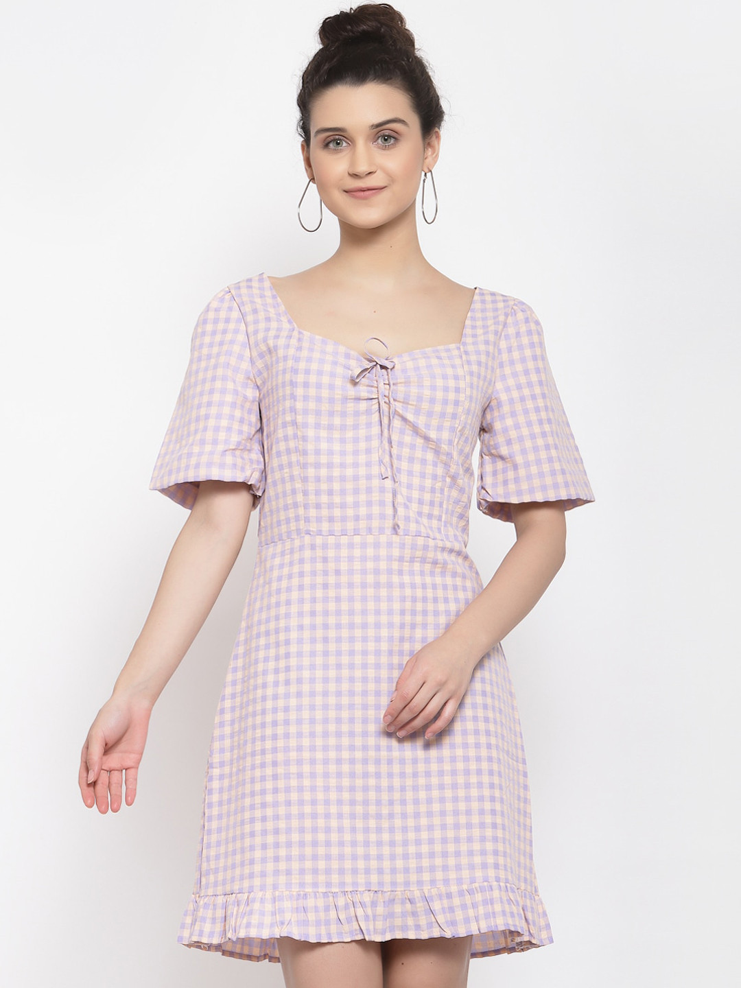 Iki Chic Women Purple Checked Fril Hem Dress