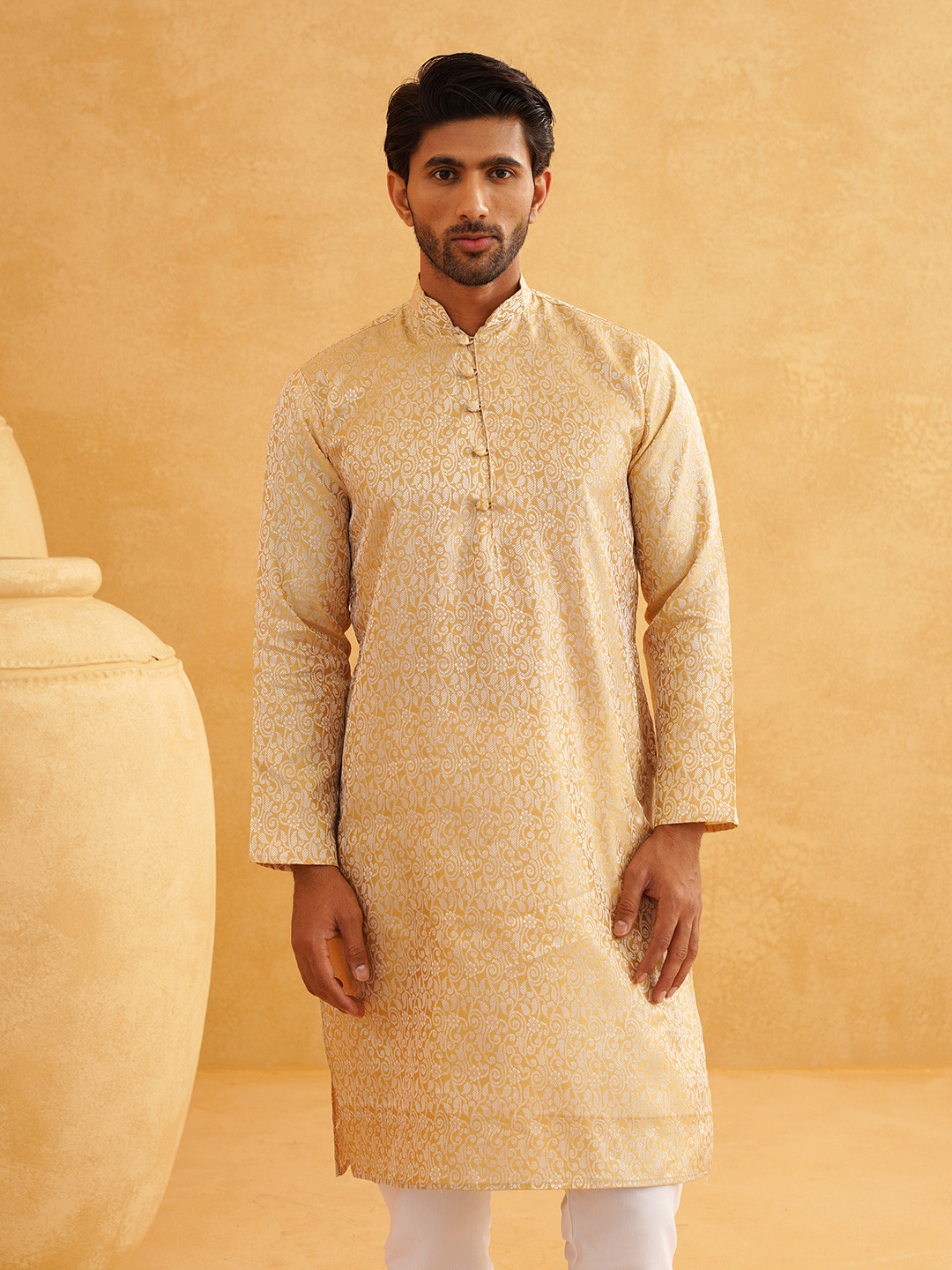 SOJANYA Men Golden & Off White Woven Design Kurta