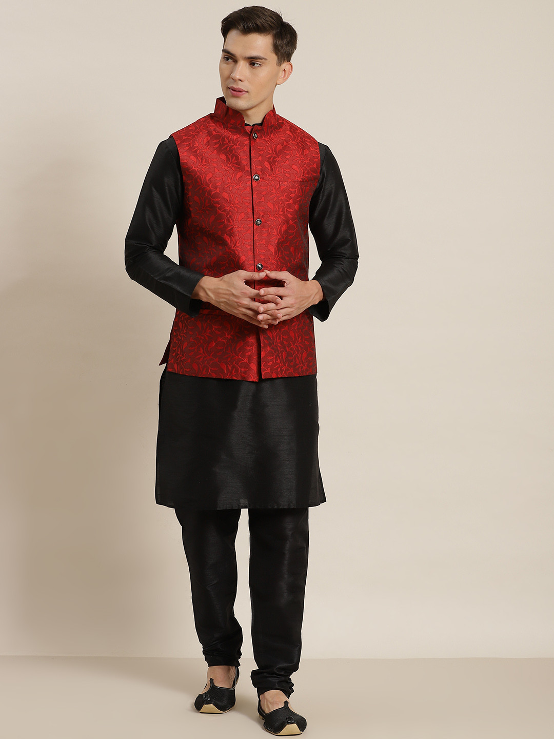 SOJANYA Men Black Solid Regular Kurta with Churidar & Nehru Jacket