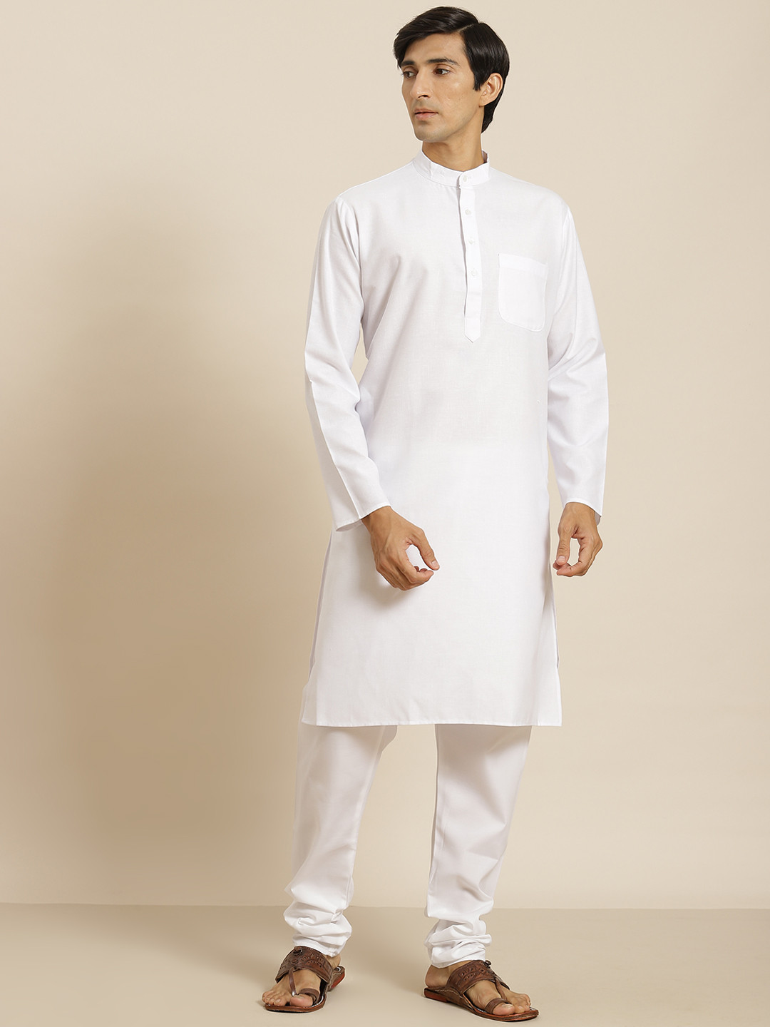 SOJANYA Men White Cotton Linen Solid Straight Kurta