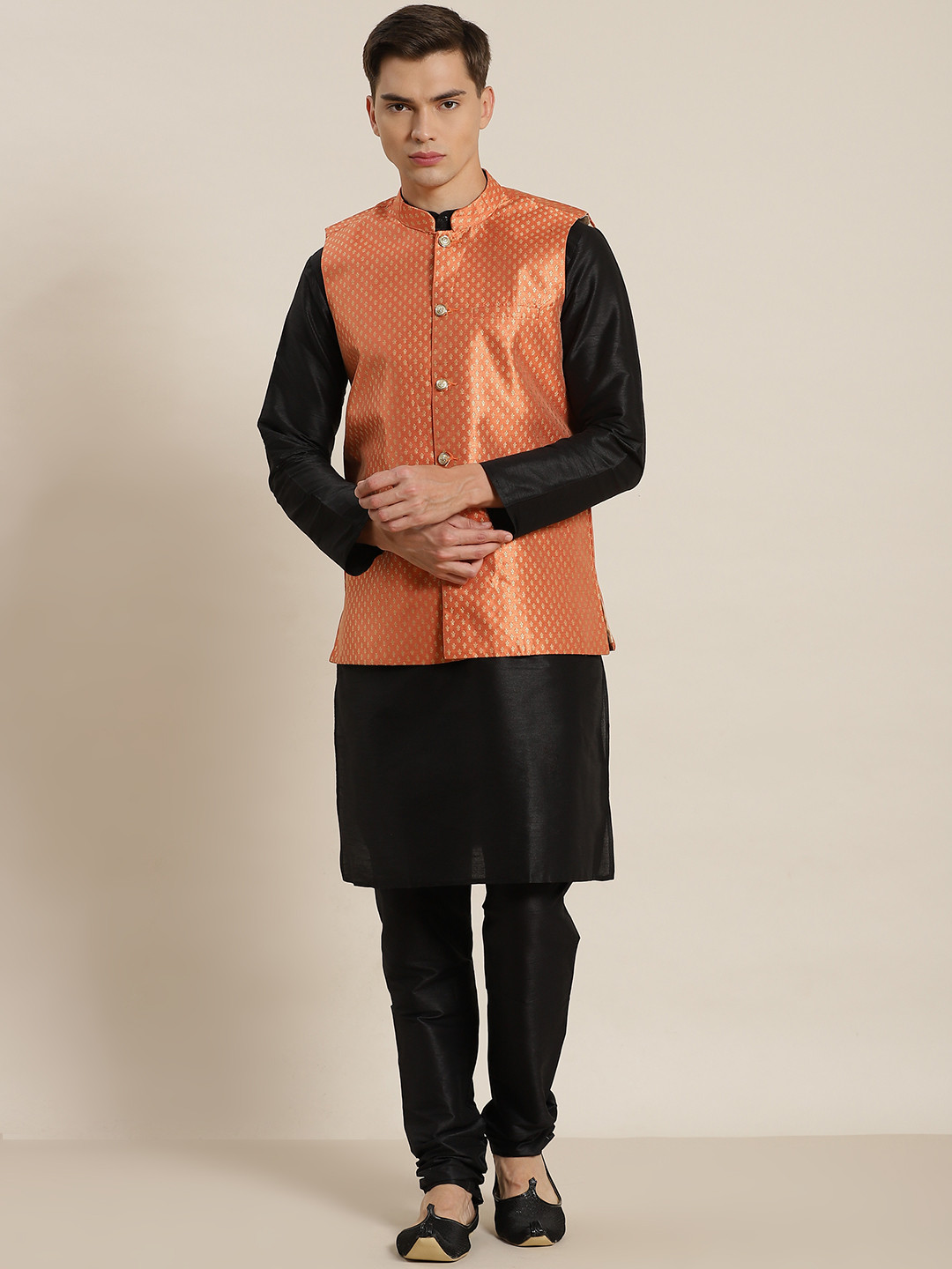 SOJANYA Men Black & Orange Solid Kurta with Churidar & Patterned Nehru Jacket