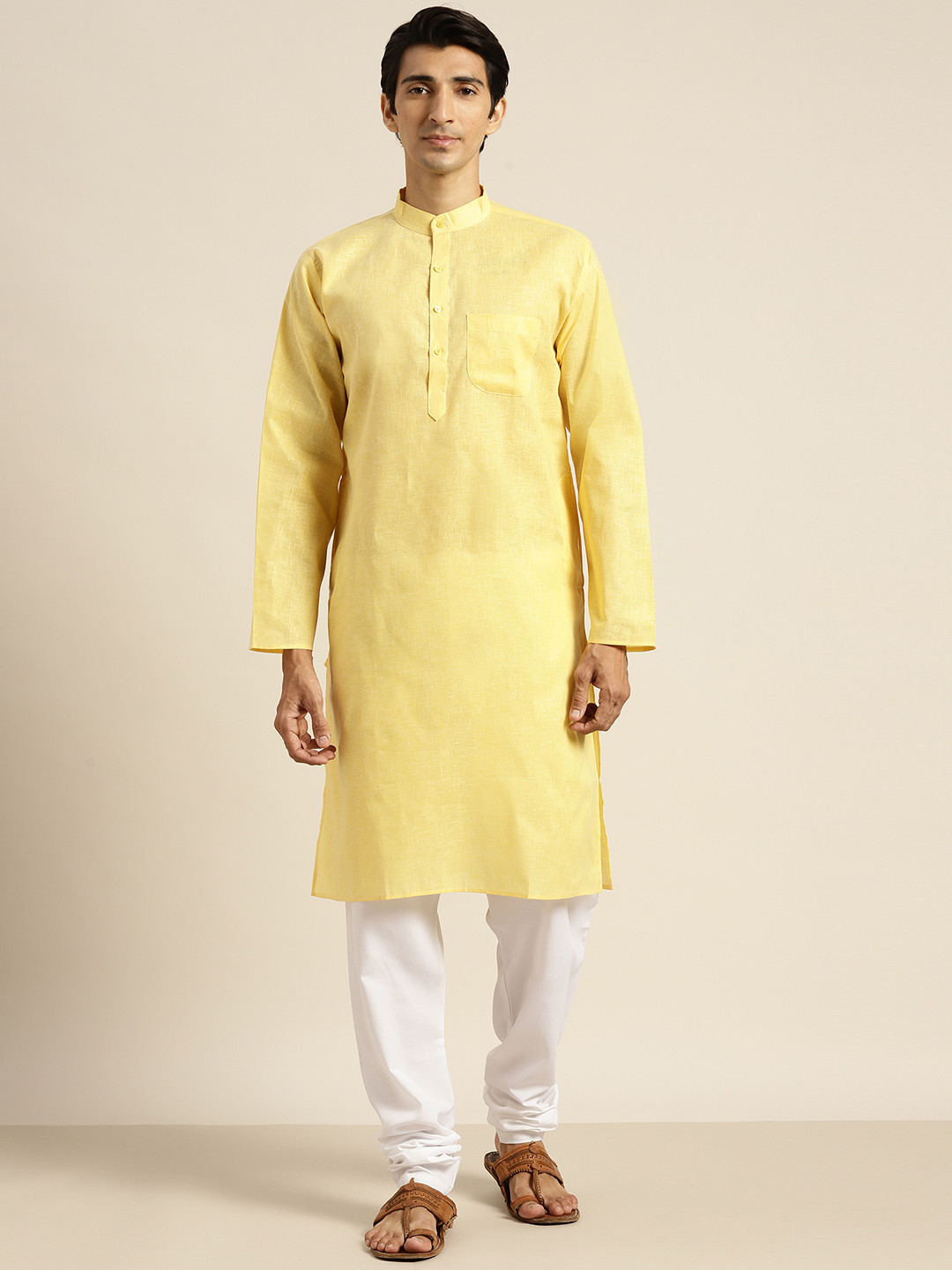 SOJANYA Men Yellow Cotton Linen Solid Kurta