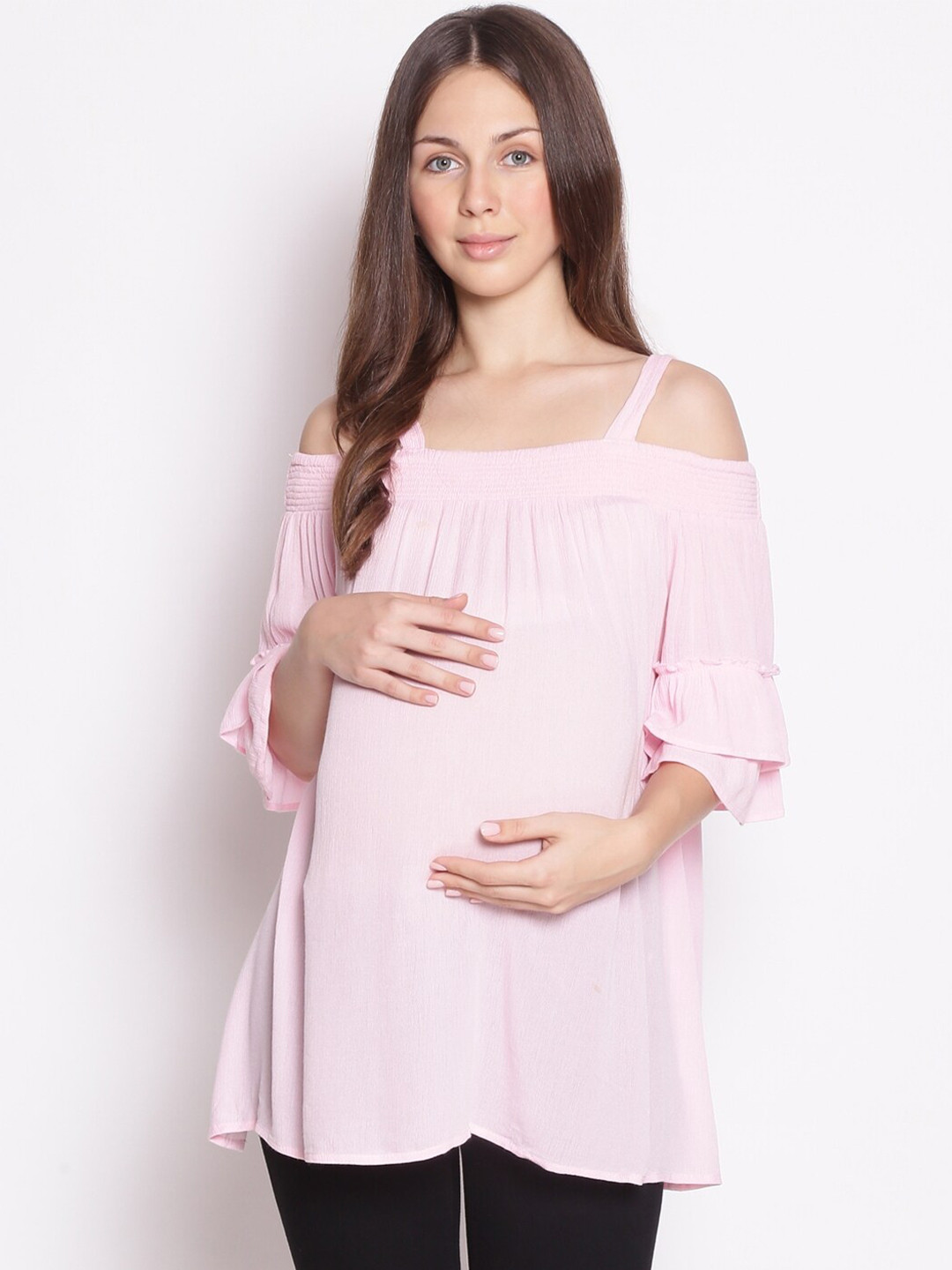 Oxolloxo Women Pink Crepe Bardot Maternity Top