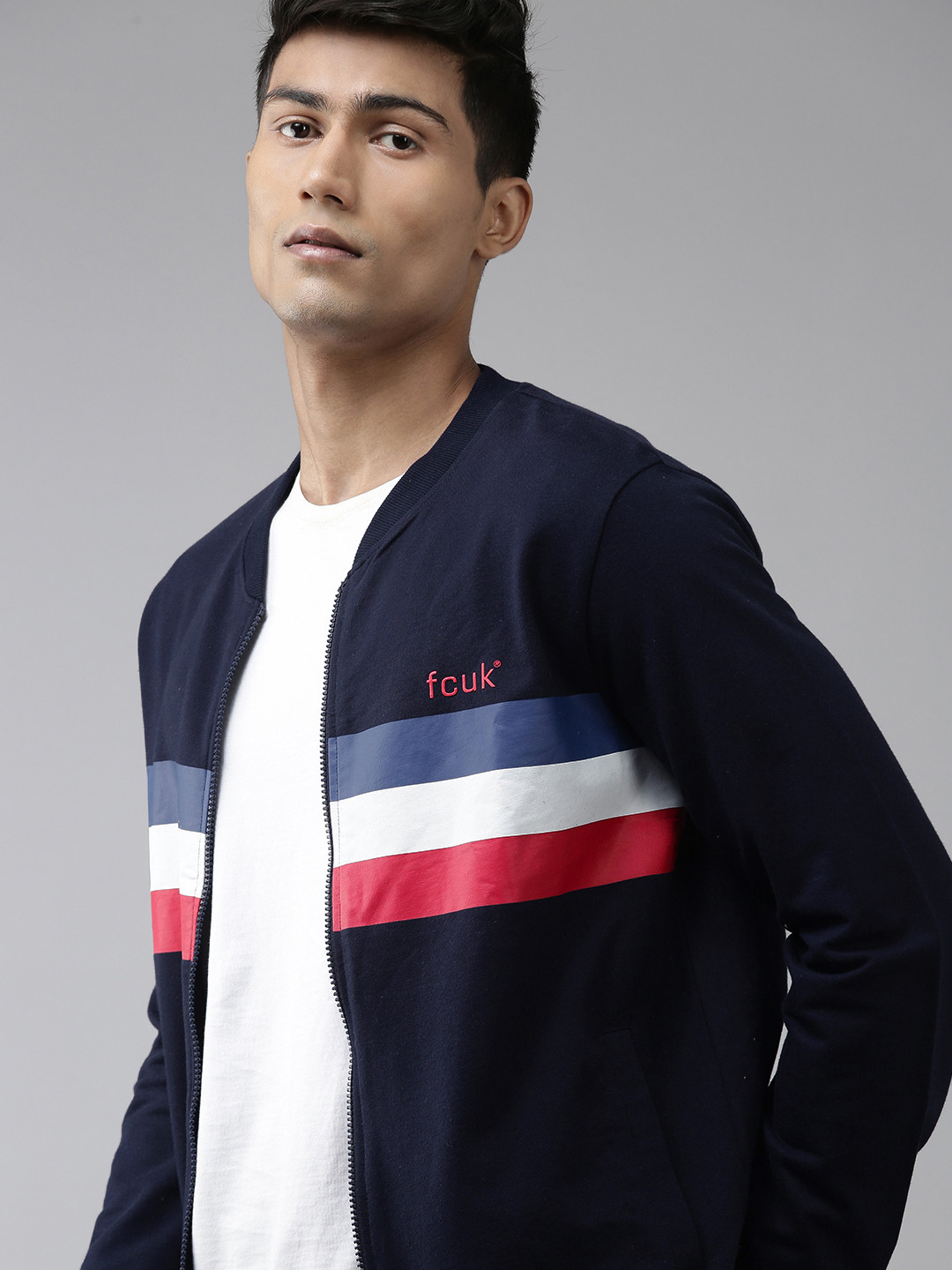French Connection Men Navy Blue Colourblocked Front-Open Cotton Sweatshirt