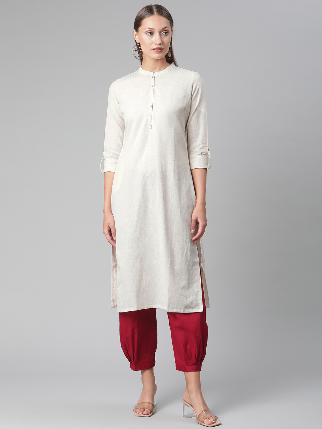 Divena Women Beige Roll-Up Sleeves Straight Kurta