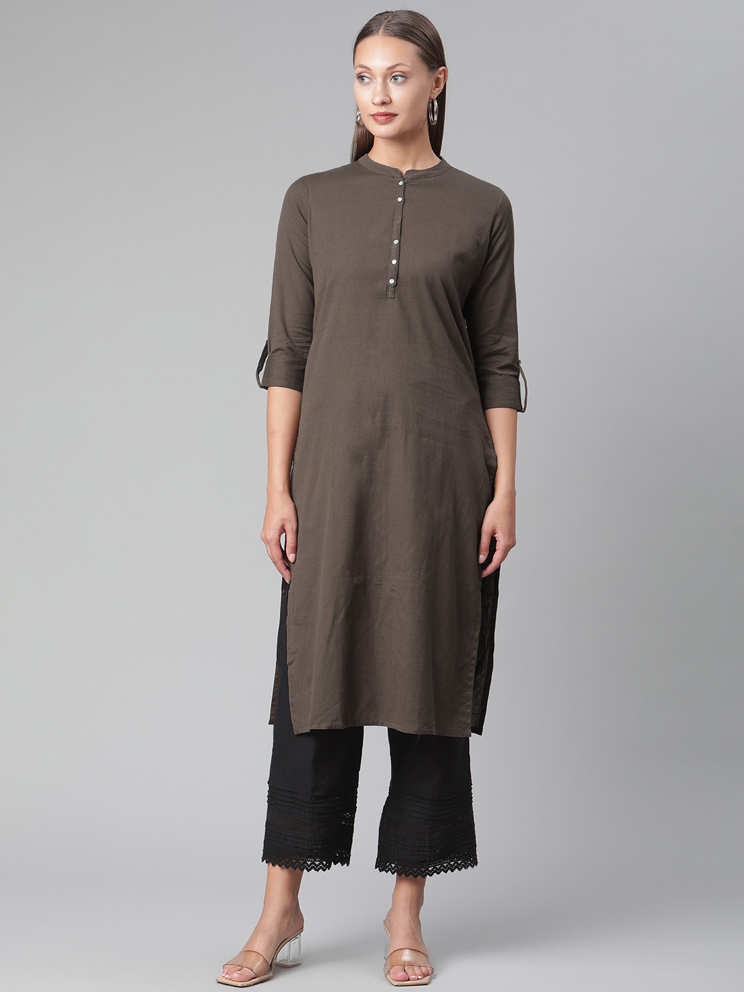 Divena Women Coffee Brown Mandarin Collar Straight Kurta