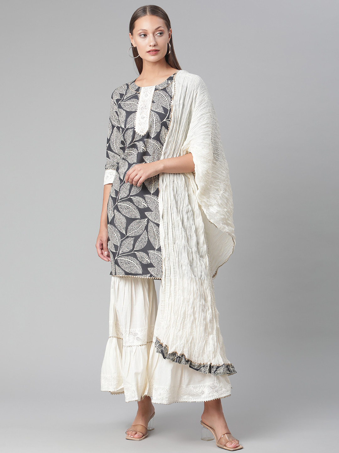 Divena Women Black & Off White Floral Printed Gotta Patti Kurta with Sharara & Dupatta