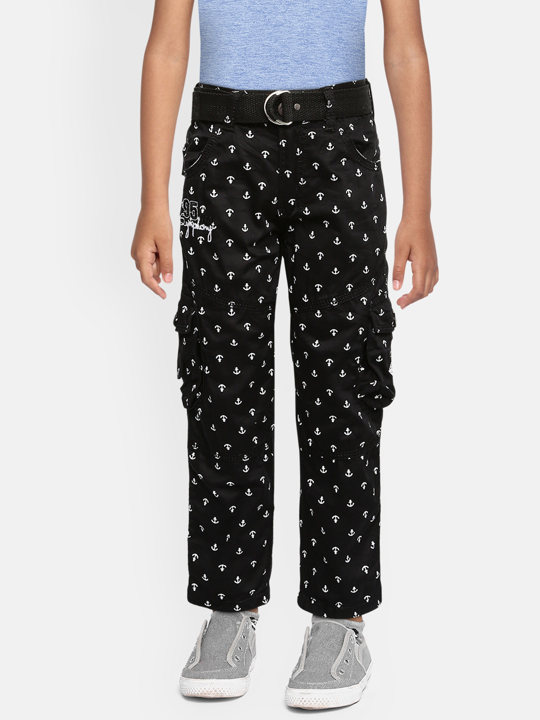 ADBUCKS Boys Black & White Pure Cotton Anchor Printed Relaxed Non Iron Cargos Trousers