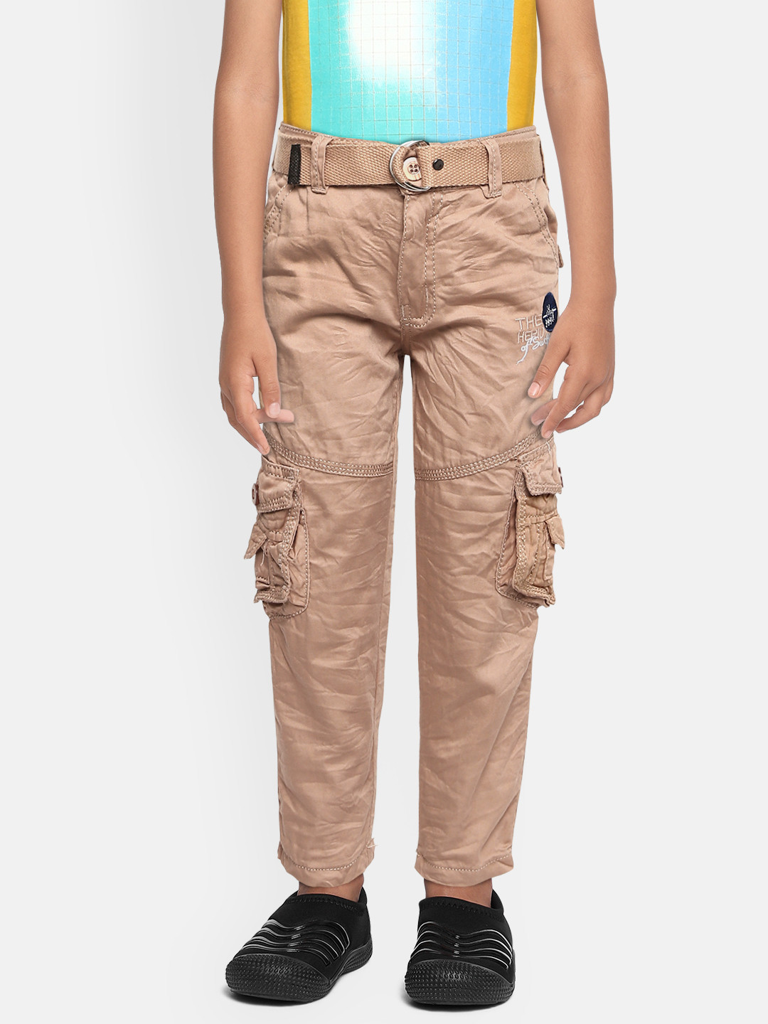 ADBUCKS Boys Brown Relaxed Non Iron Pure Cotton Cargo Trousers
