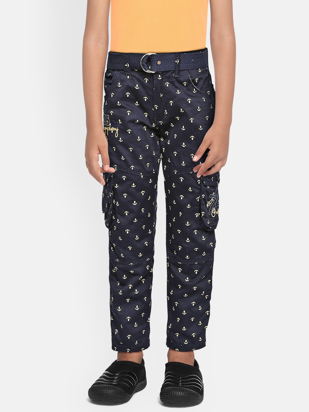 ADBUCKS Boys Navy Blue Printed Pure Cotton Relaxed Non Iron Cargos Trousers