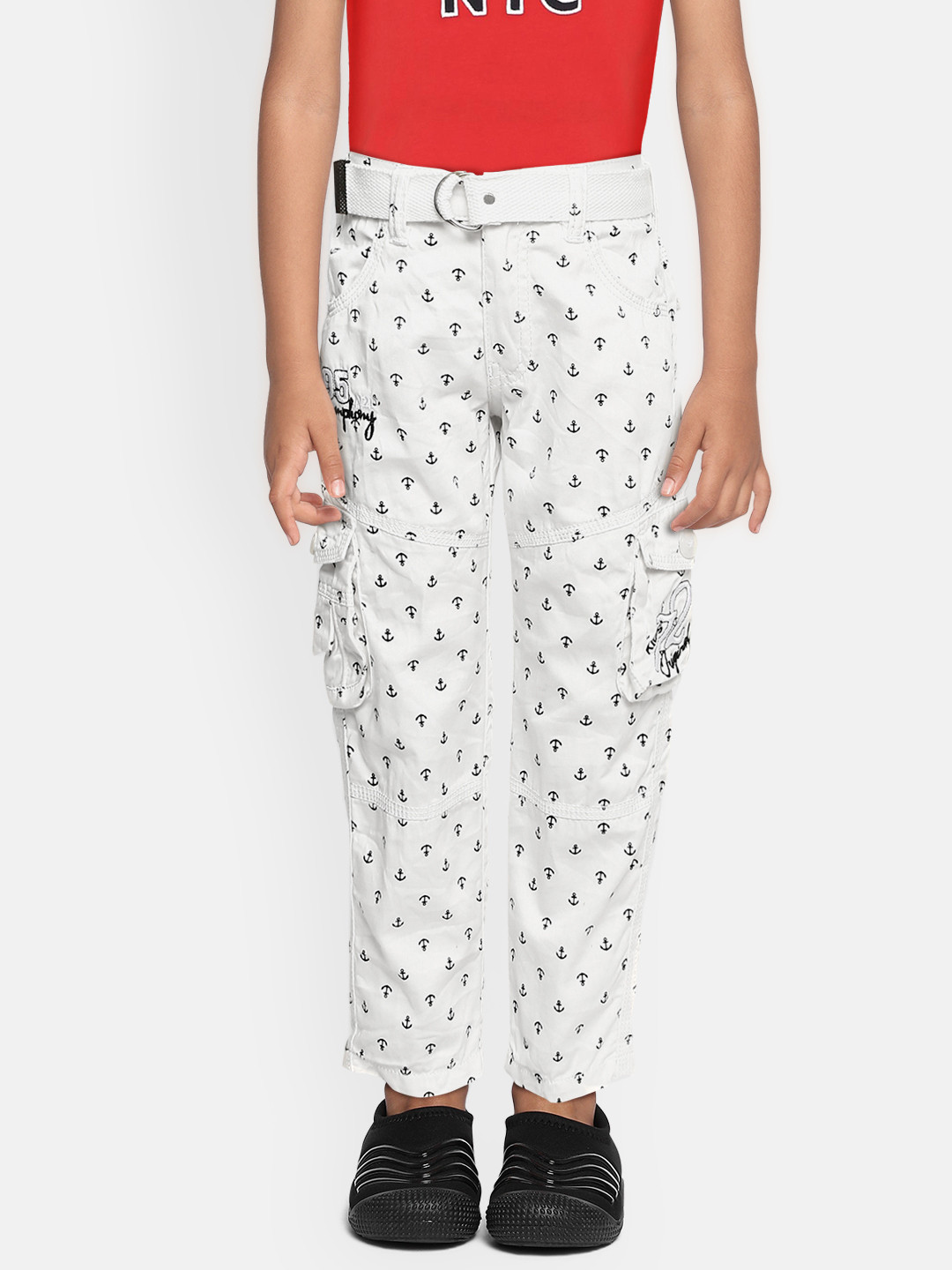 ADBUCKS Boys White Printed Relaxed Non Iron Pure Cotton Cargo Trousers
