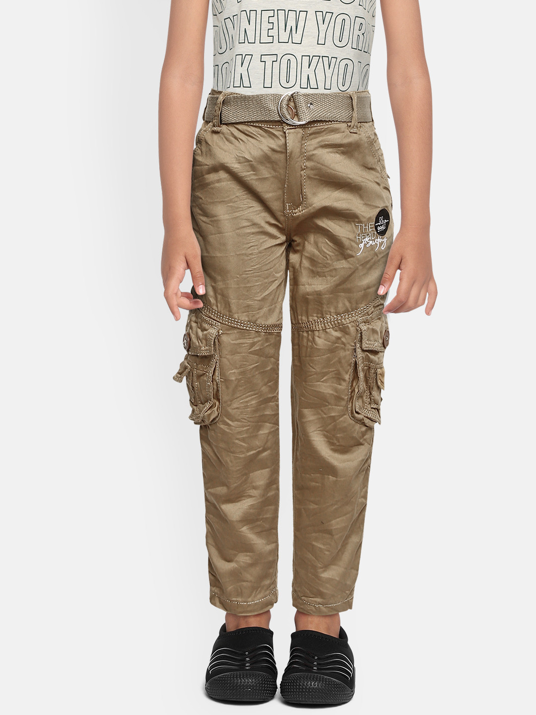 ADBUCKS Boys Beige Relaxed Pure Cotton Non Iron Cargos Trousers