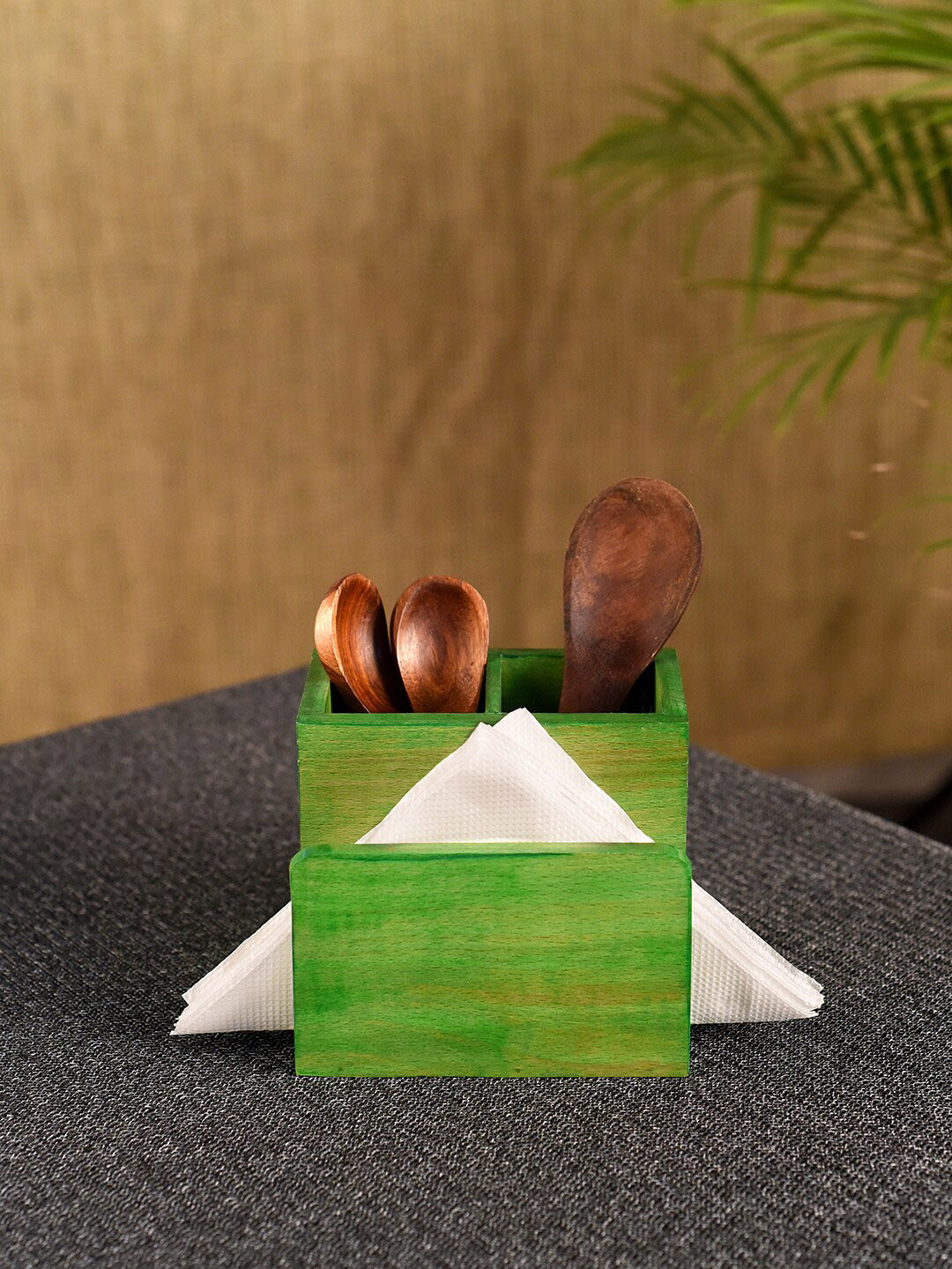 Unravel India Green Solid Wooden Handcrafted Cutlery & Napkin Holder