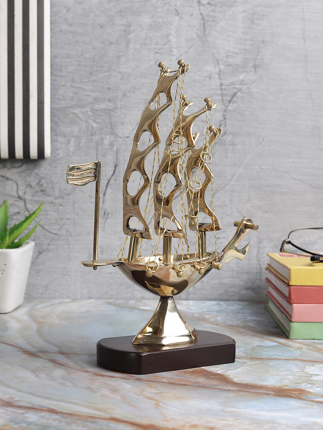 EXIM DECOR Casting Sailing Boat Gold Brass Metallic Prayer Room Medium Showpiece - 8.5 Inches