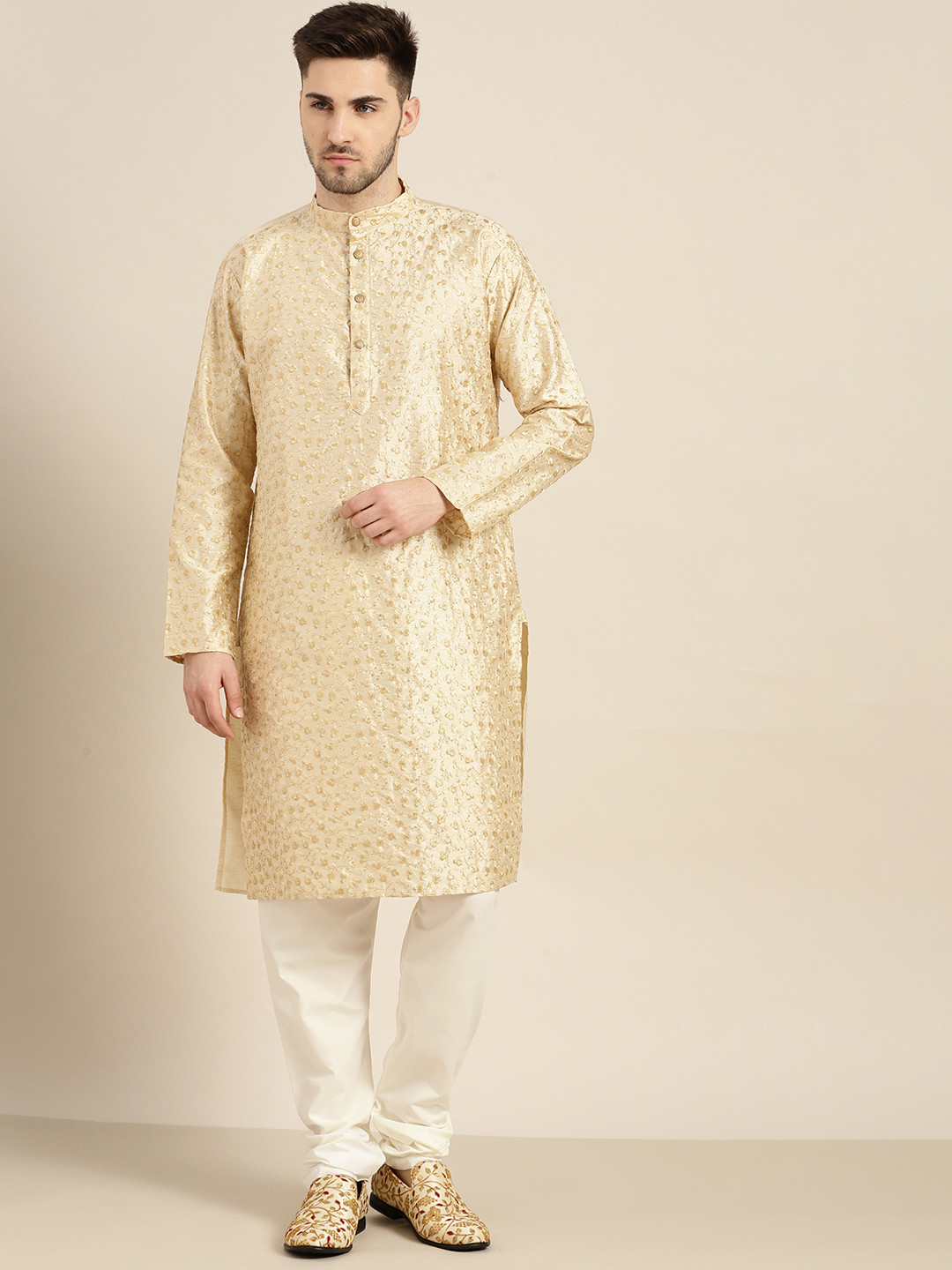 SOJANYA Men Gold-Toned Embroidered Regular Sequinned Kurta with Churidar