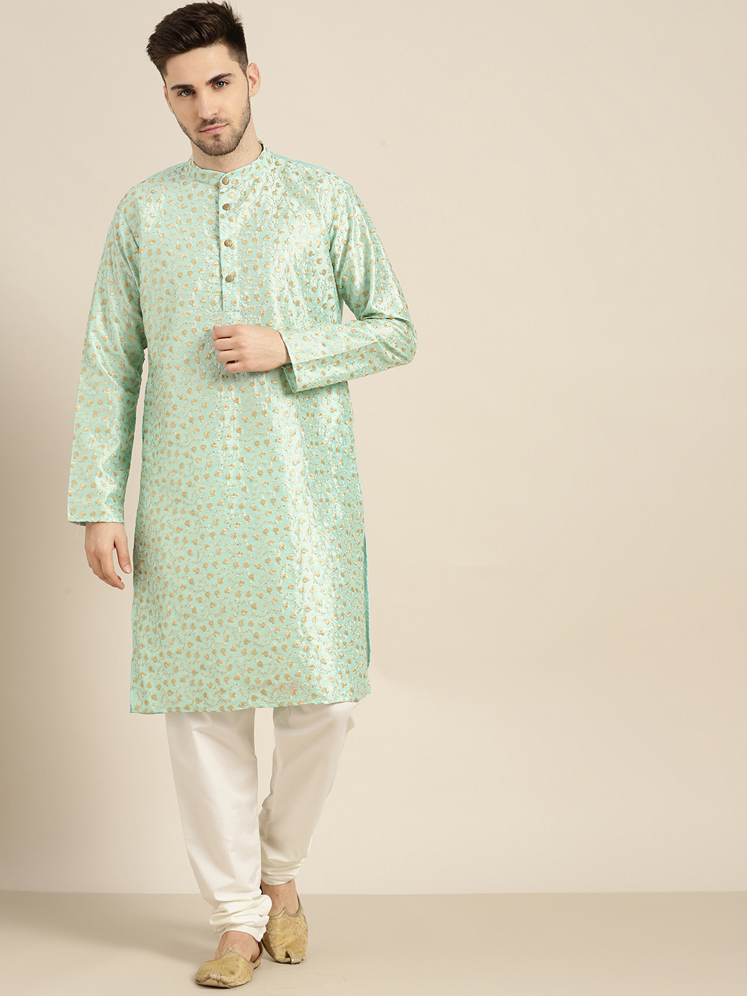 SOJANYA Men Sea Green & Gold-Toned Floral Kurta