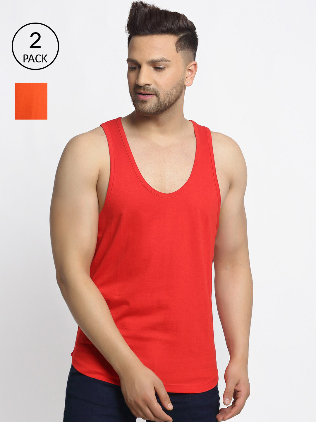 Friskers Men Pack Of 2 Solid Pure Cotton Drop Cut Casual Tank Vests