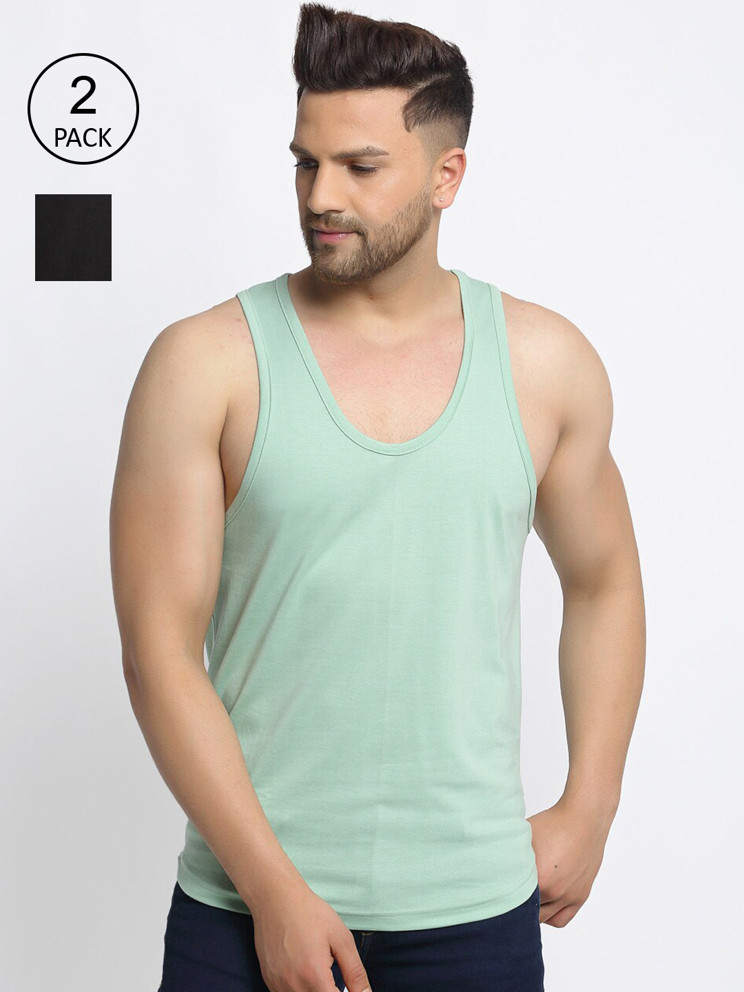 Friskers Men Pack Of 2 Sea Green and Black Solid Pure Cotton Innerwear Gym Vests