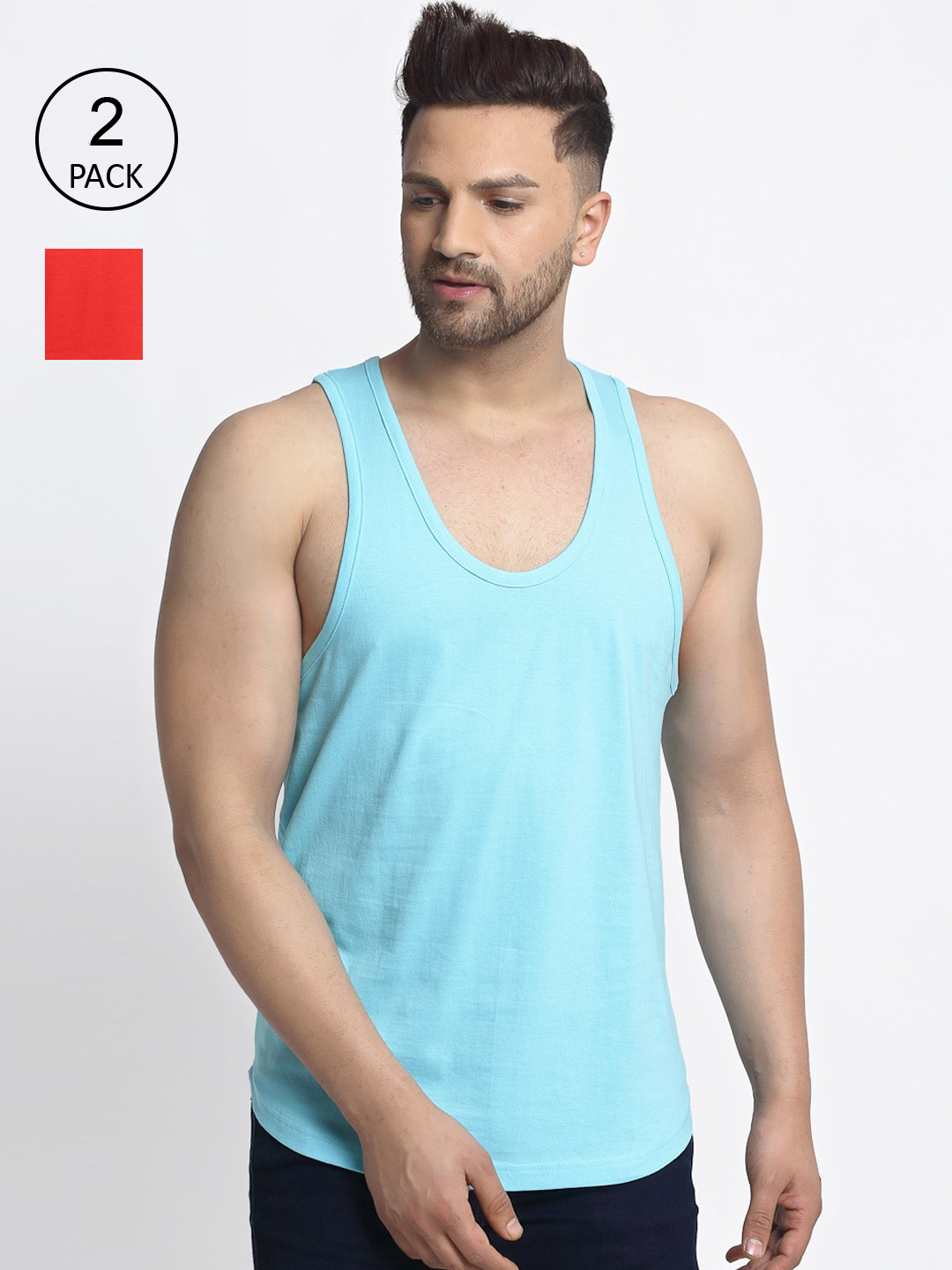 Friskers Men Pack Of 2 Turquoise Blue & Red Solid Pure Cotton Gym Vests
