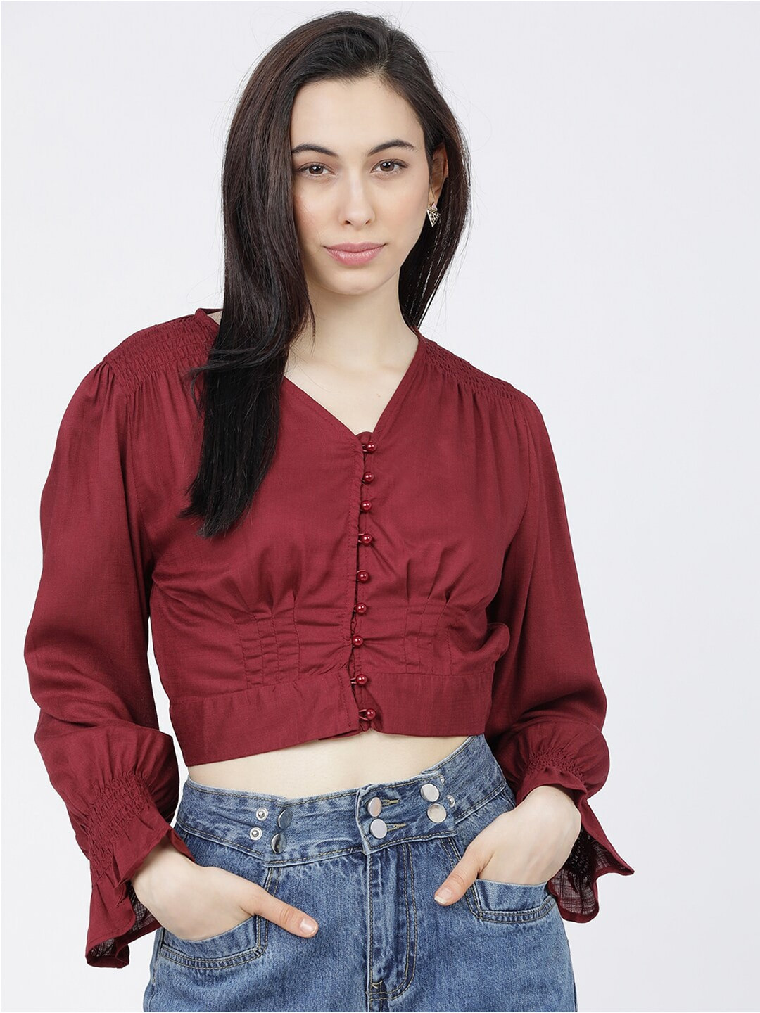 Tokyo Talkies Burgundy Bell Sleeve Shirt Style Crop Top