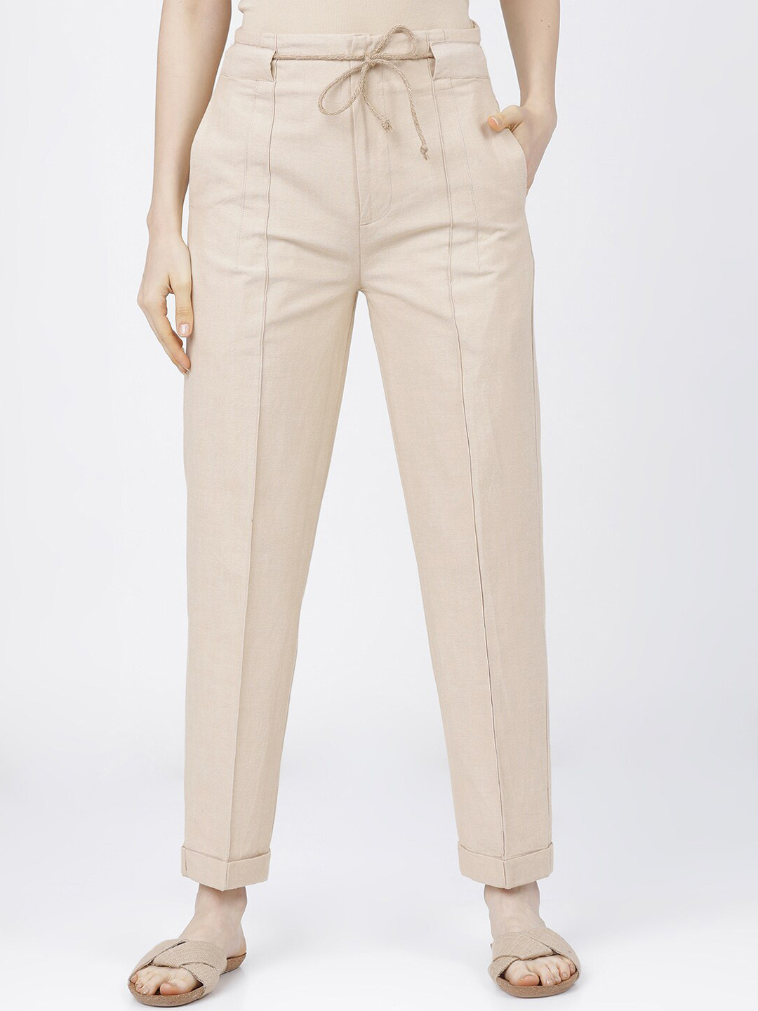 Tokyo Talkies Women Beige Slim Fit High-Rise Pleated Cigerette Trousers